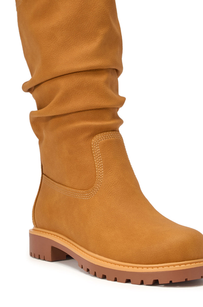 AKIRA GOLD BARTLETT TAN FLAT RUCHED BOOTIE