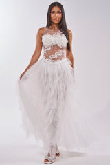 FELT CUTE RUFFLE MAXI DRESS WITH FLORAL APPLIQUES