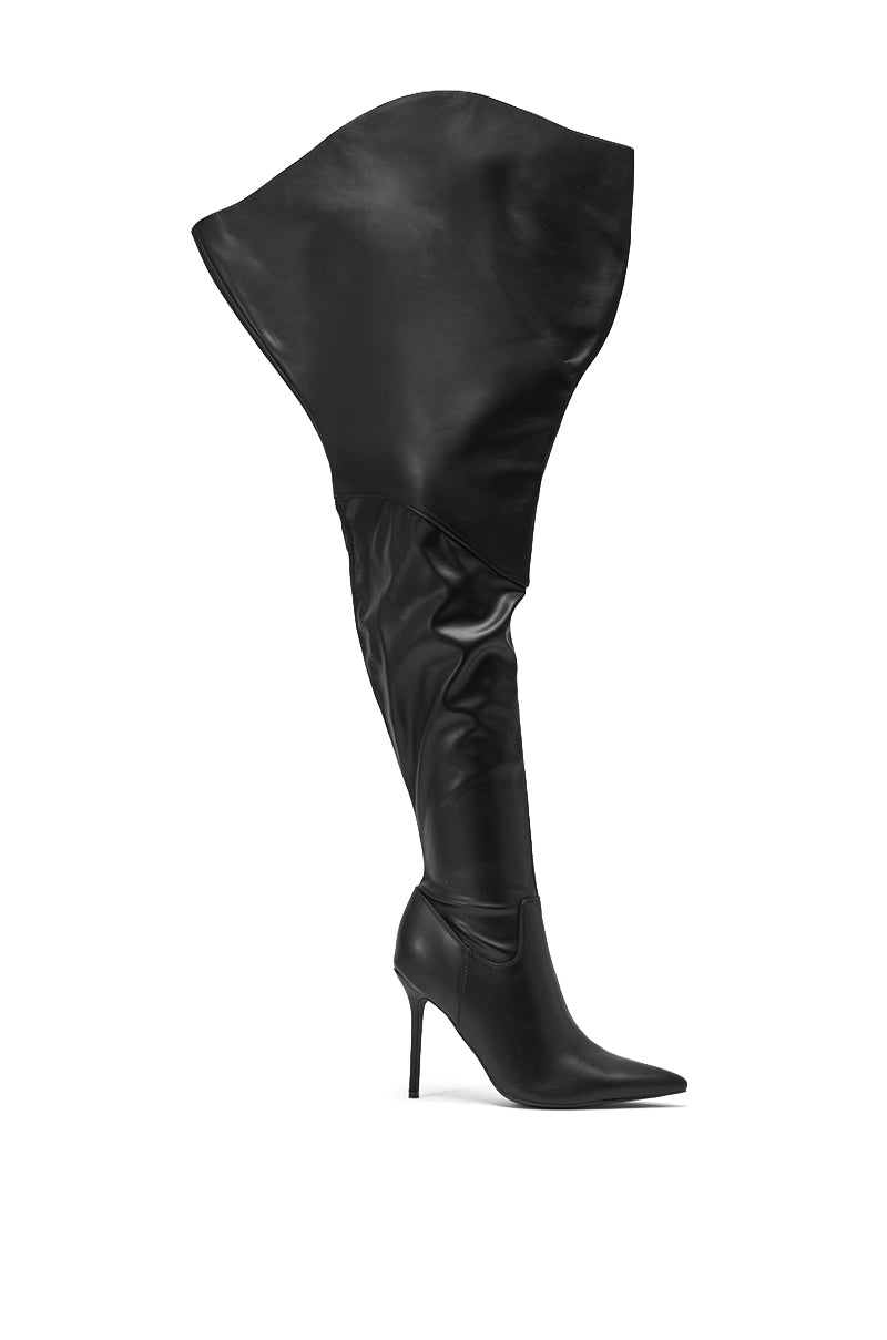AKIRA GOLD CHROMEA BLACK THIGH HIGH STILETTO BOOT