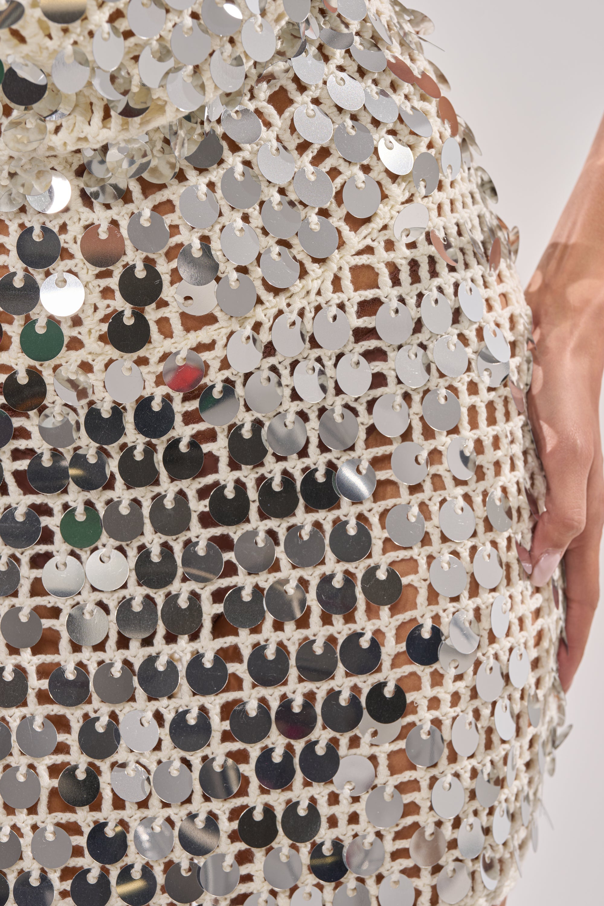 ARIEL SEQUIN CROCHET MINI DRESS IN WHITE
