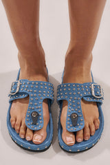 AZALEA WANG DAISY CHAIN DENIM STUDDED FLAT SANDAL