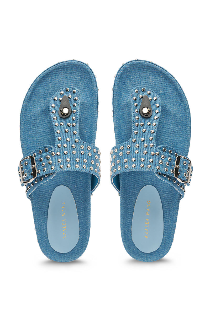 AZALEA WANG DAISY CHAIN DENIM STUDDED FLAT SANDAL