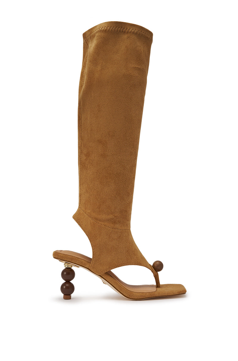 AZALEA WANG DOTTIE TAN STRETCH FAUX SUEDE BOOT WITH EMBELLISHED HEEL AND TOE HARDWARE