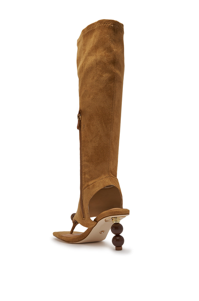 AZALEA WANG DOTTIE TAN STRETCH FAUX SUEDE BOOT WITH EMBELLISHED HEEL AND TOE HARDWARE
