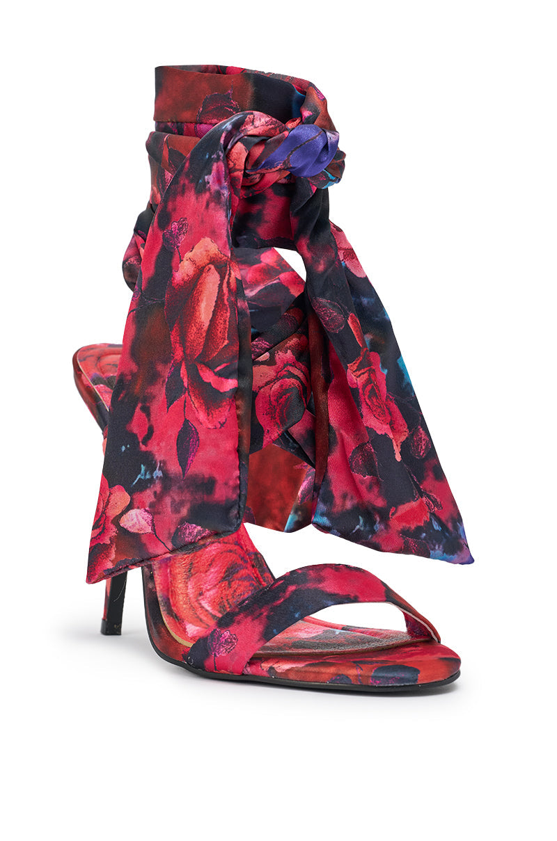 AZALEA WANG ELZON RED SATIN STILETTO FLORAL PRINT SANDAL