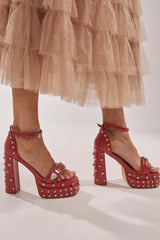 AZALEA WANG EUGENIJA RED CHUNKY EMBELLISHED STUDDED SANDAL