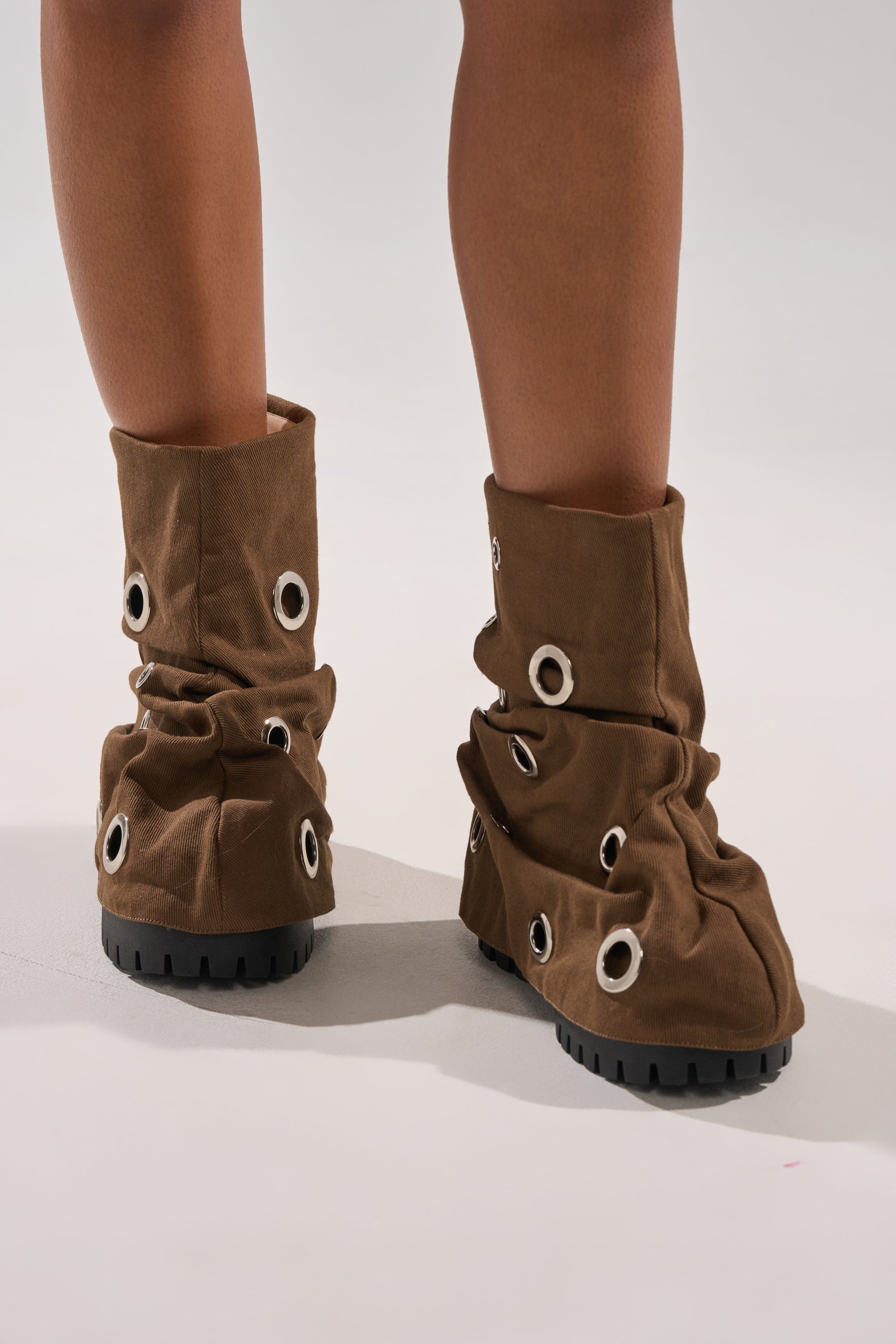 AKIRA GOLD FABLE BROWN GROMMET EMBELLISHED FLAT BOOTIE