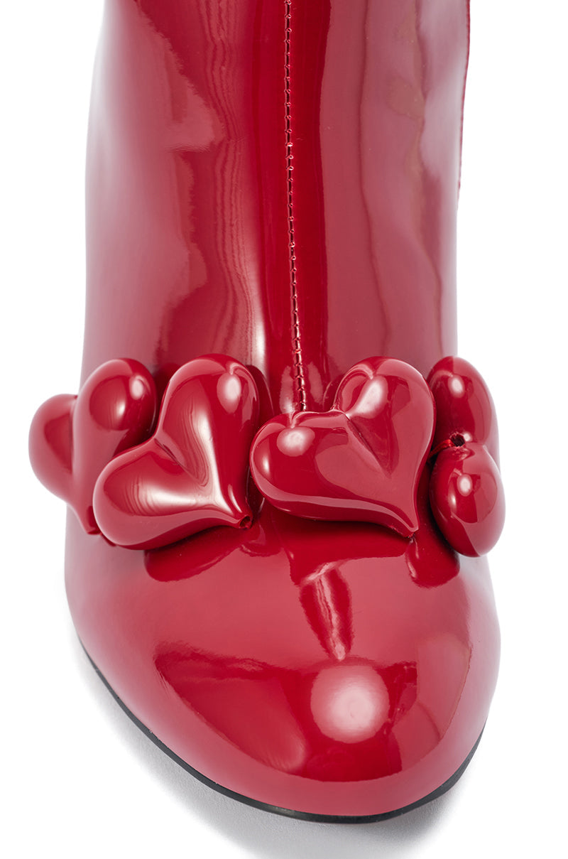 AZALEA WANG FEDELE RED PATENT HEART EMBELLISHED BOOTIE