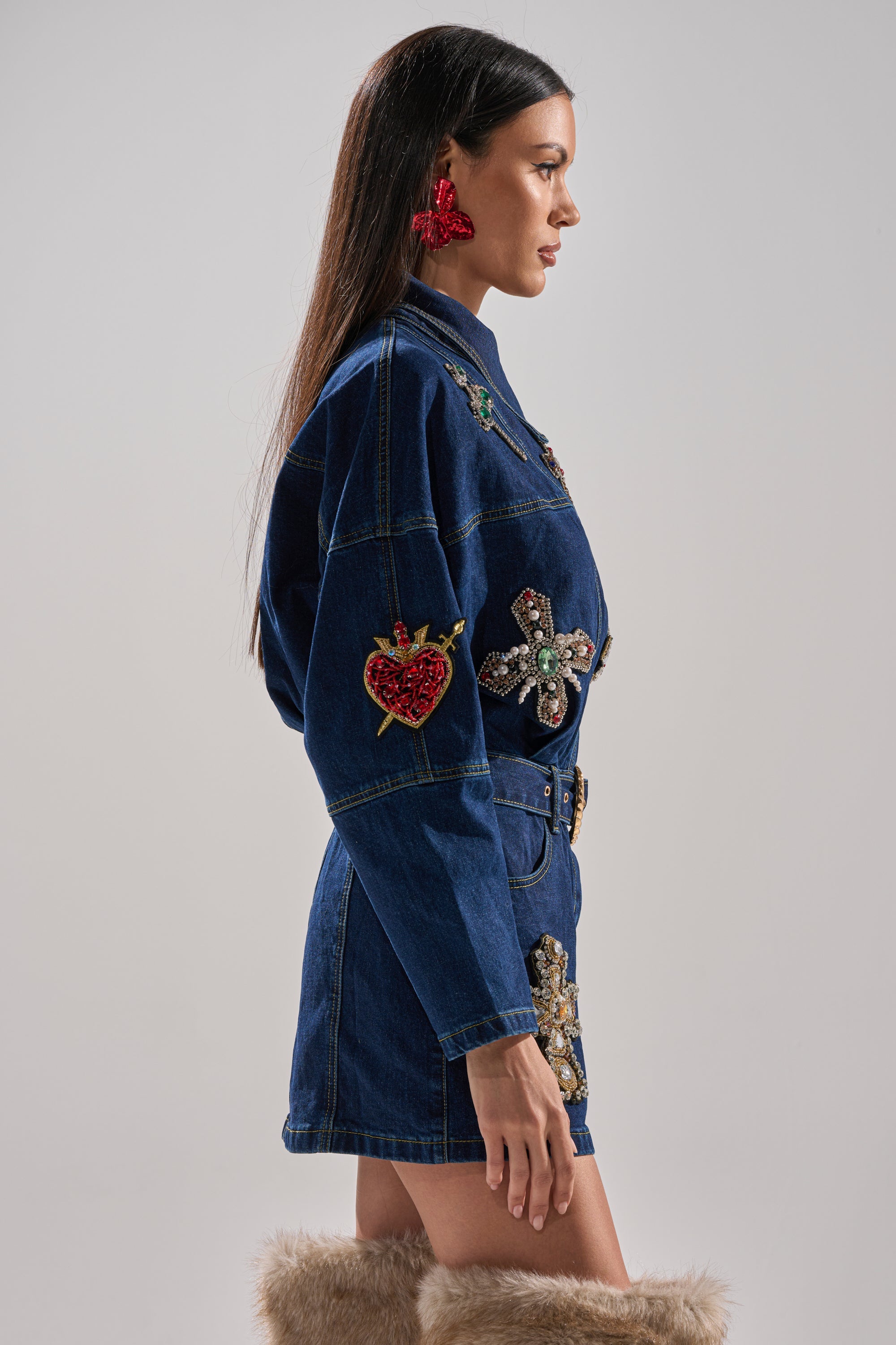 PRETTIEST PROBLEM DENIM PATCHWORK MINI DRESS