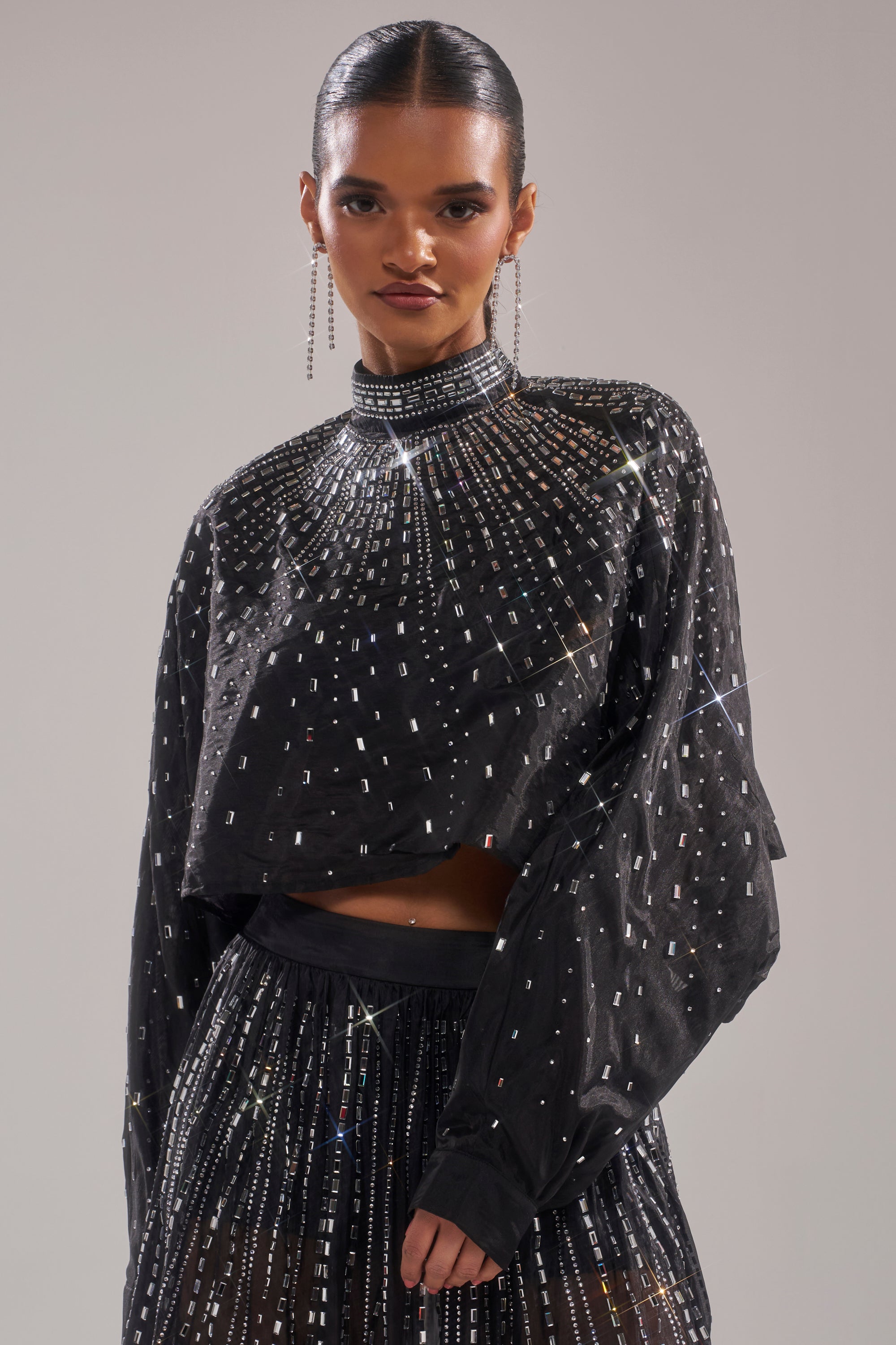 GLAMOROUS RHINESTONE MOCK NECK BLOUSE