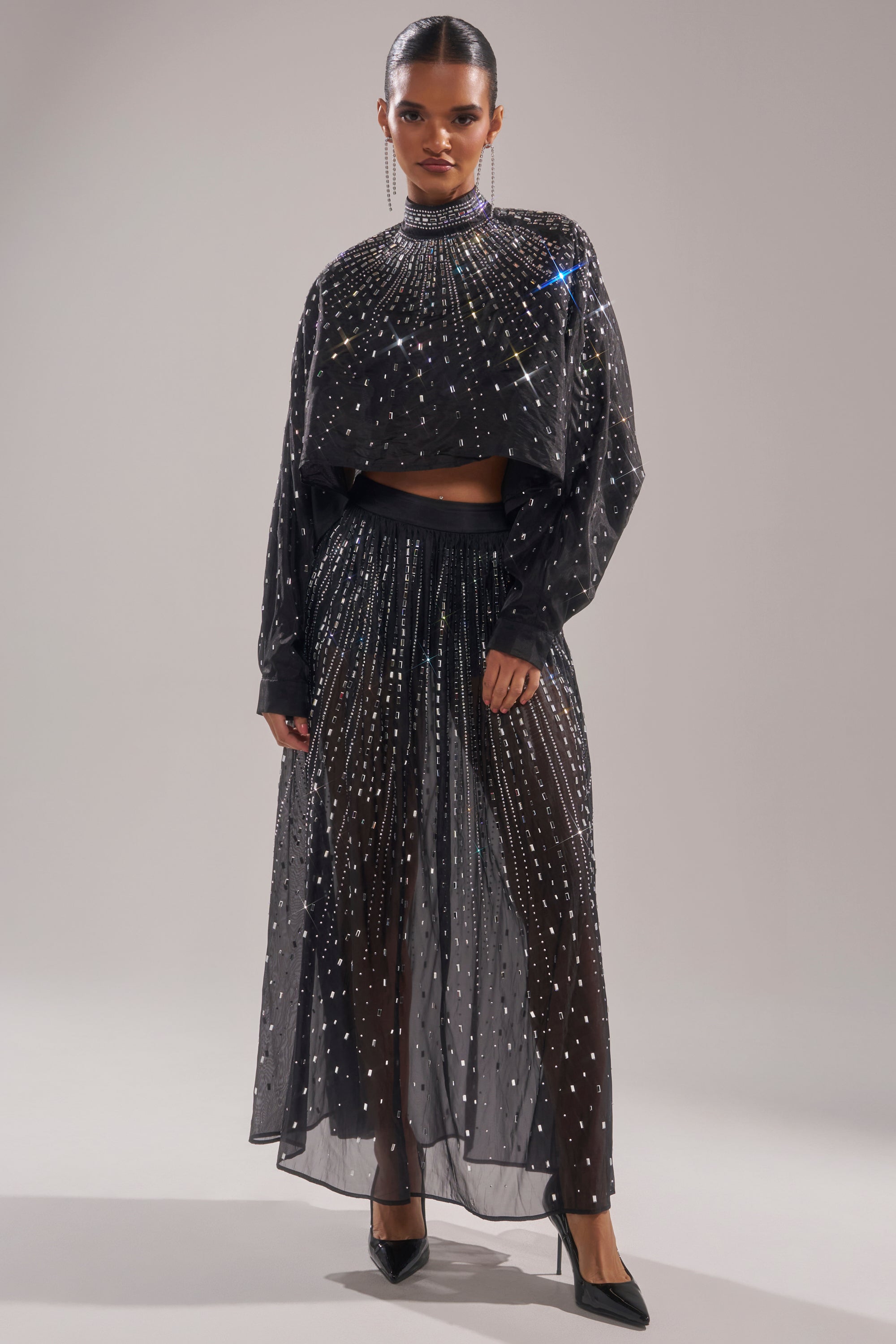 GLAMOROUS RHINESTONE MOCK NECK BLOUSE