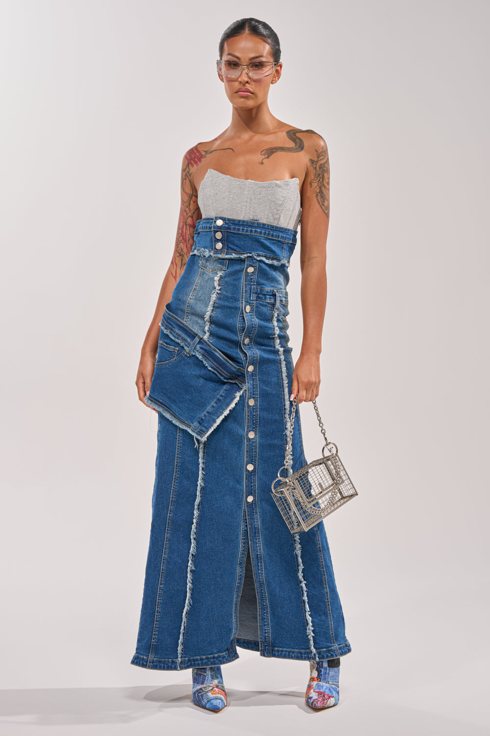 UP TO NO GOOD DISTRESSED DENIM MAXI DRESS