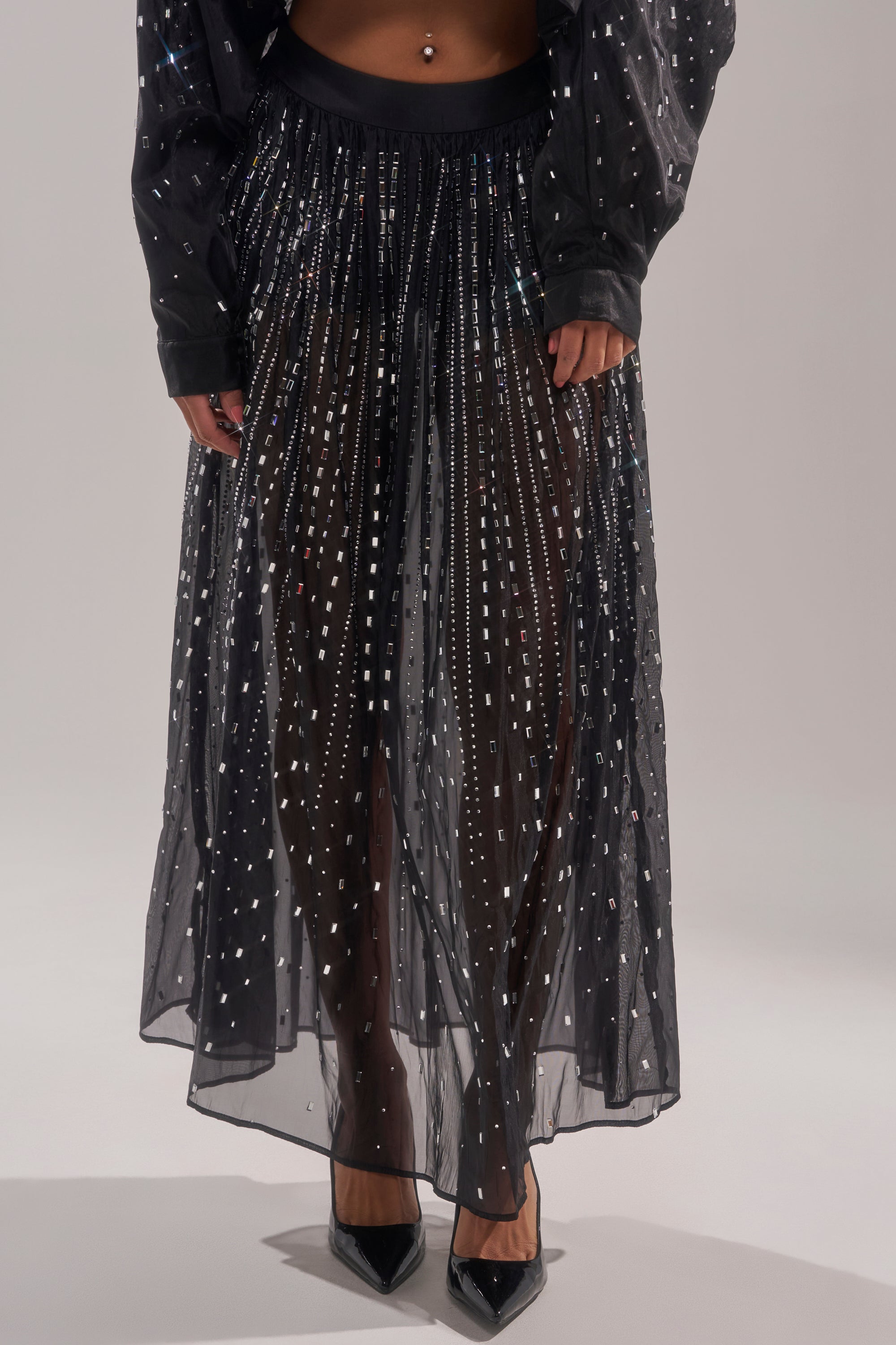 DANCING QUEEN RHINESTONE MESH MAXI SKIRT