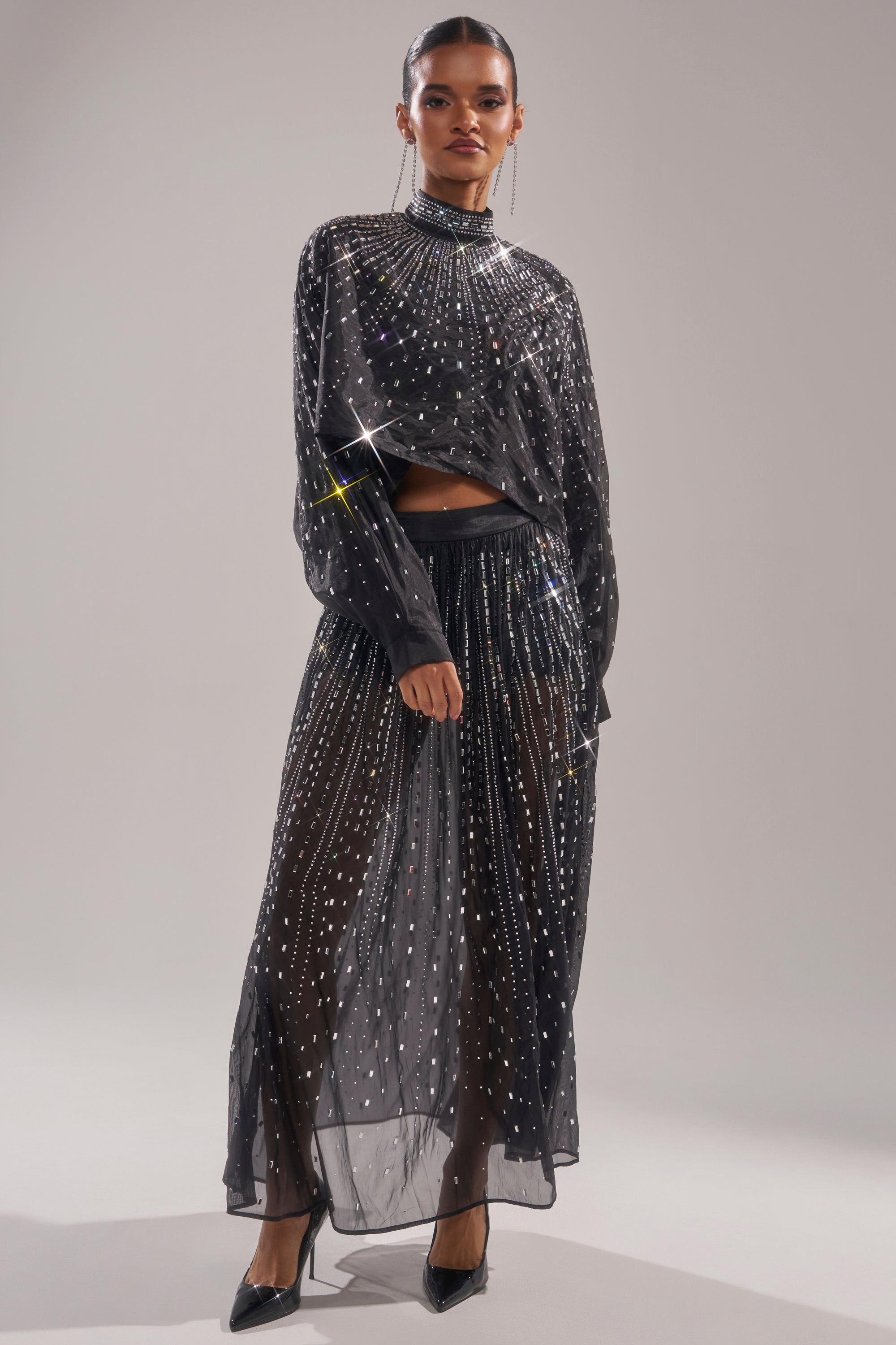 DANCING QUEEN RHINESTONE MESH MAXI SKIRT