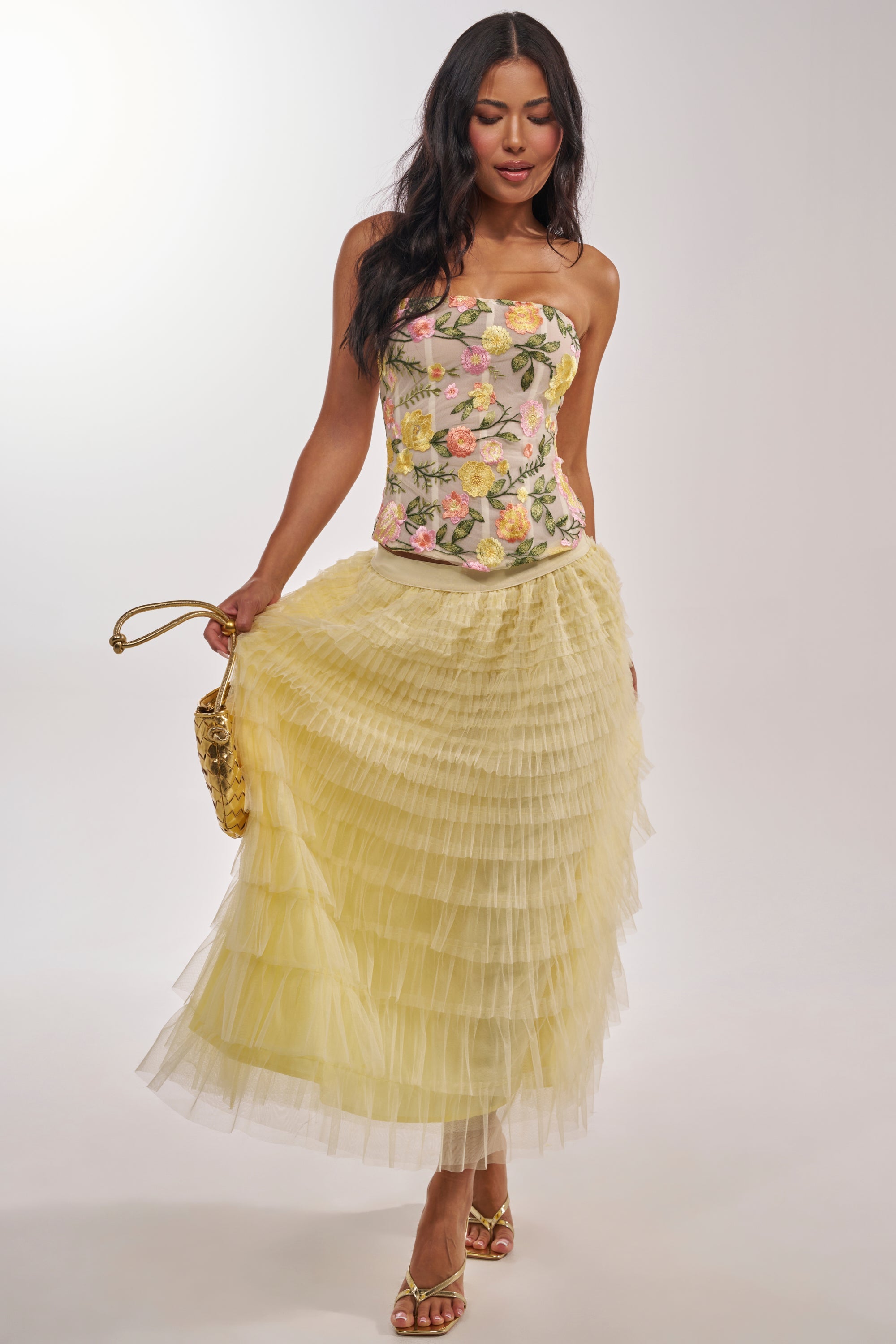 STARS ALIGNED MESH RUFFLE MAXI SKIRT IN BABY YELLOW