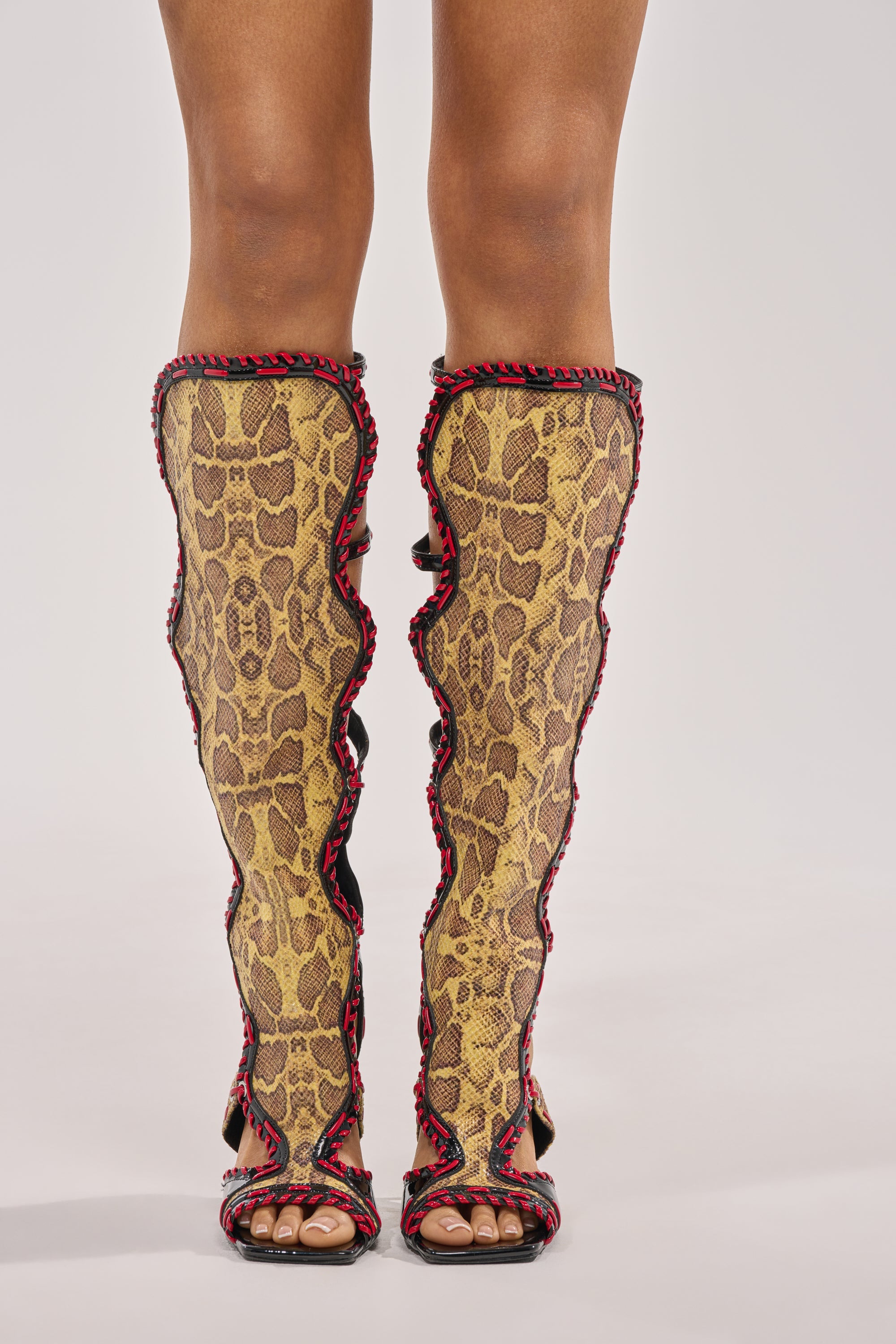 AZALEA WANG INDRANI HIGH SHAFT YELLOW SNAKE PRINT GLADIATOR SANDAL