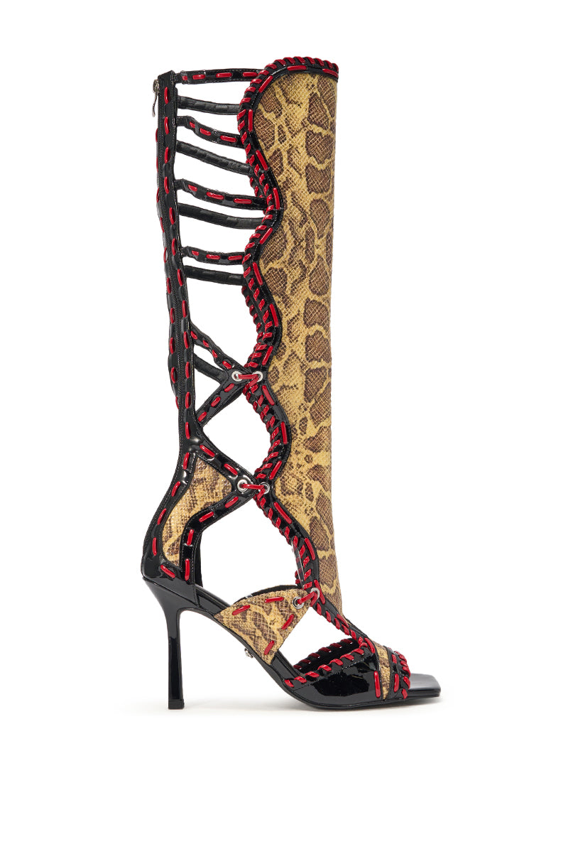 AZALEA WANG INDRANI HIGH SHAFT YELLOW SNAKE PRINT GLADIATOR SANDAL