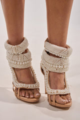 AKIRA GOLD ISOLINE NUDE PEARL EMBELLISHED GLADIATOR SANDAL