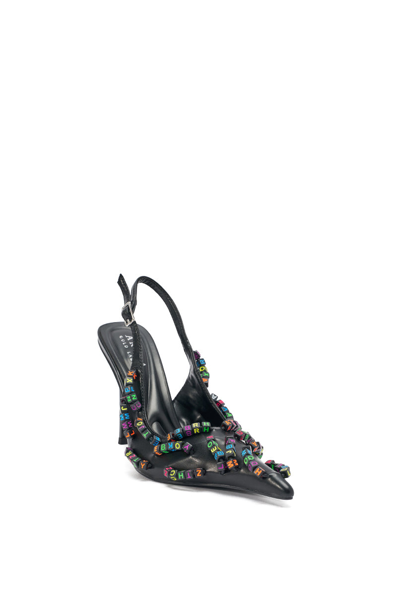 AKIRA LETTER BEAD EMBELLISHED SLING BACK NOVELTY PUMP