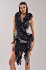 SAY IT AGAIN RUFFLED DENIM MINI DRESS IN DARK BLUE DENIM