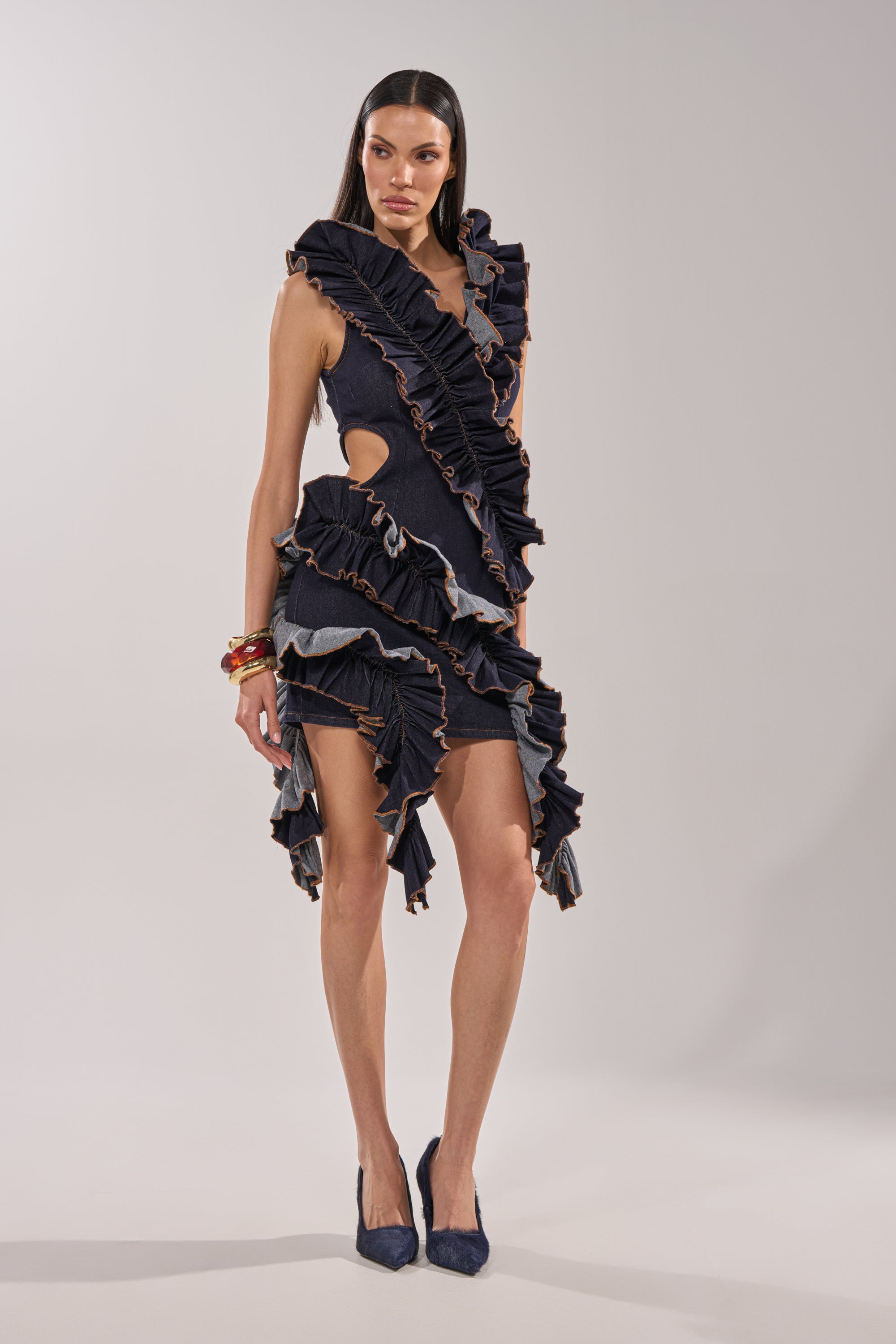 SAY IT AGAIN RUFFLED DENIM MINI DRESS IN DARK BLUE DENIM