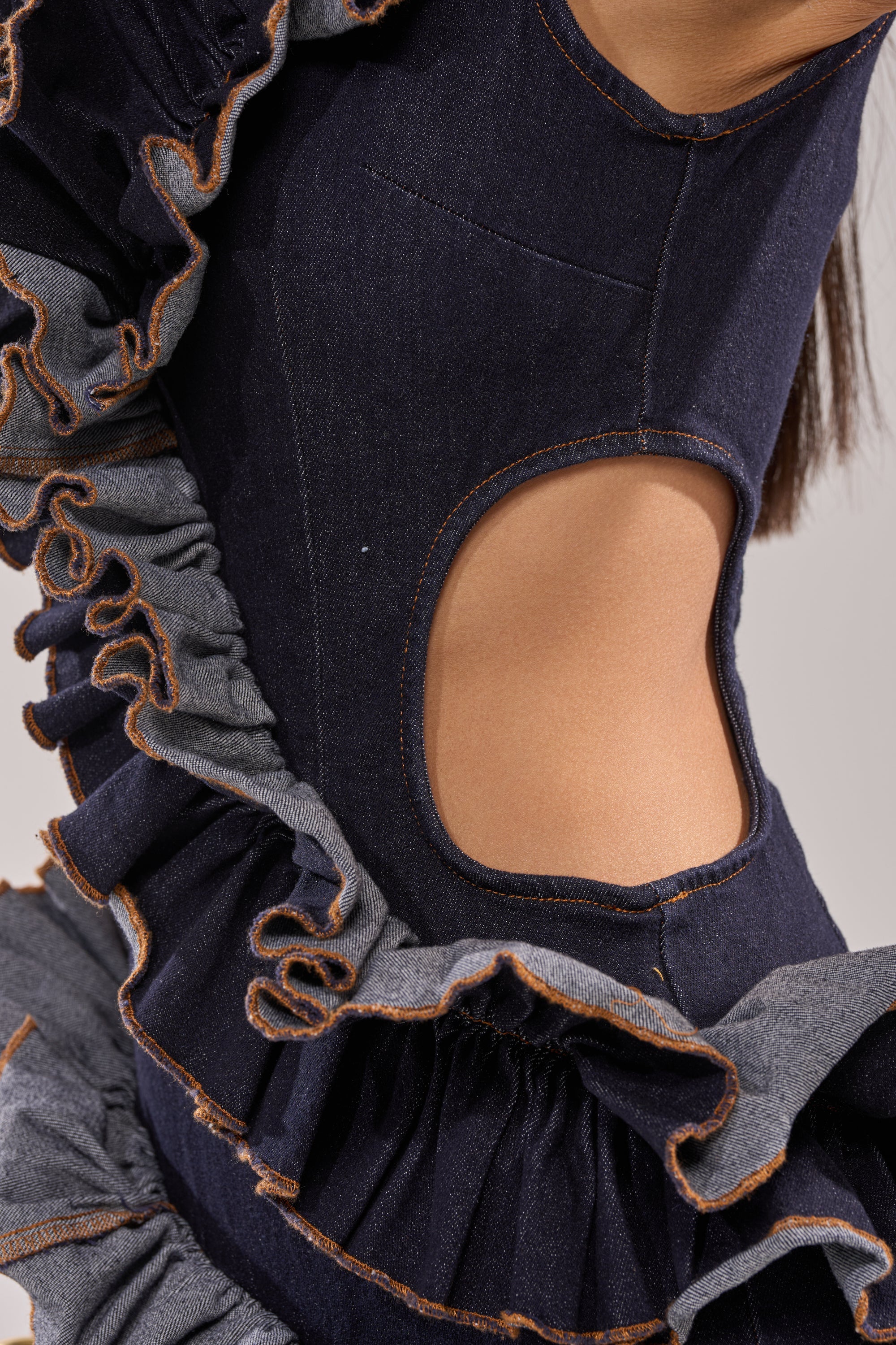 SAY IT AGAIN RUFFLED DENIM MINI DRESS IN DARK BLUE DENIM