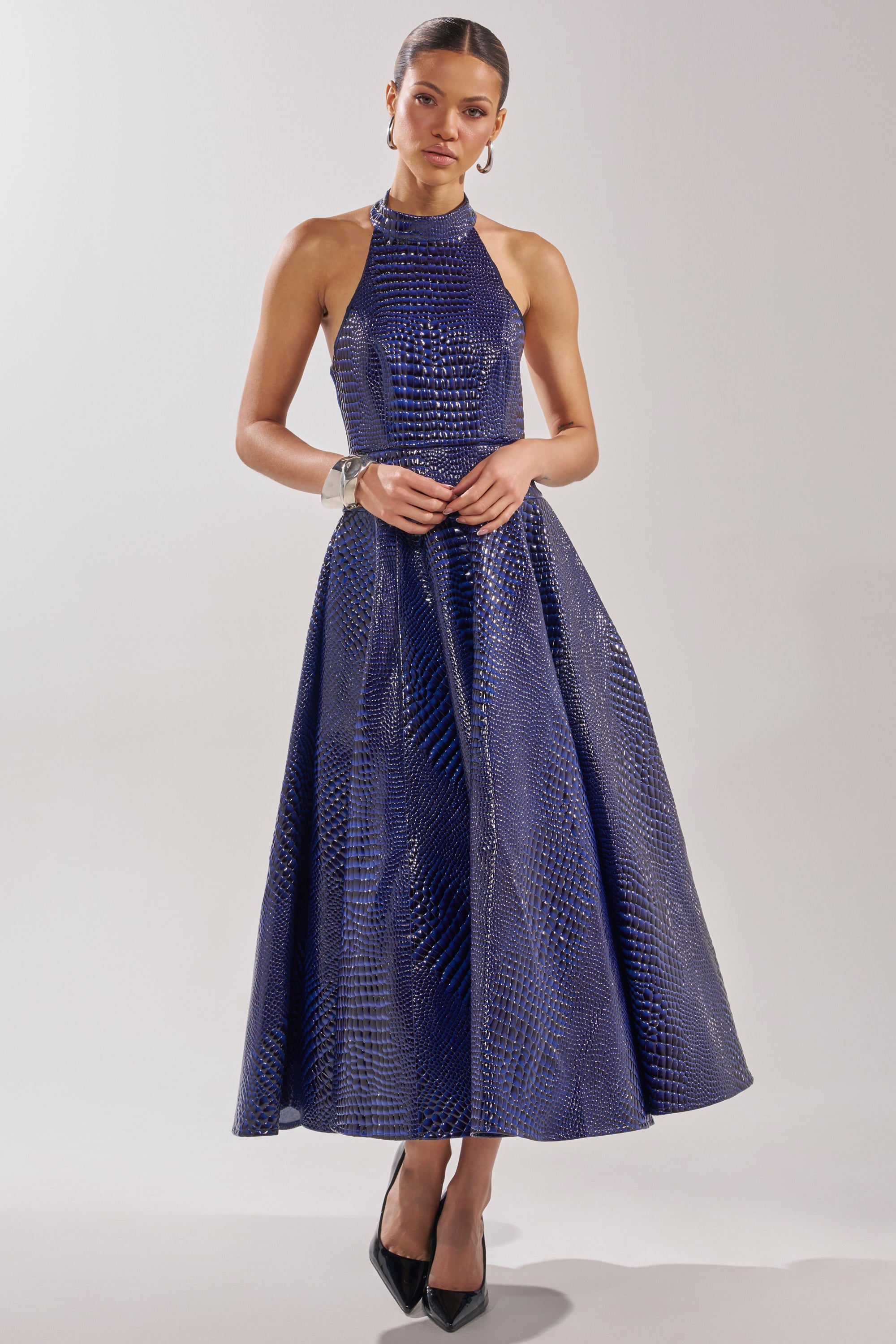 VEE FAUX LEATHER CROC MIDI DRESS
