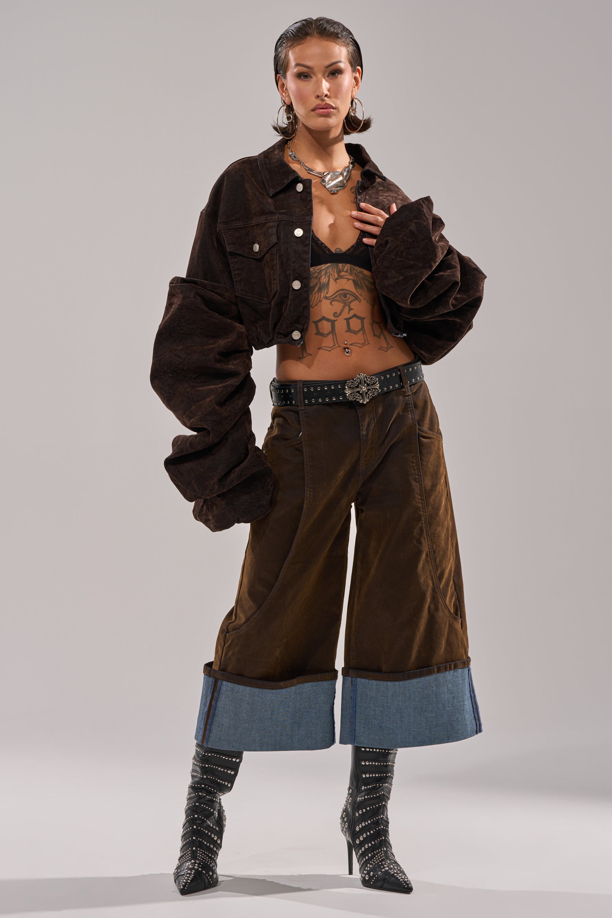 STACKED SLEEVE VELVET DENIM JACKET