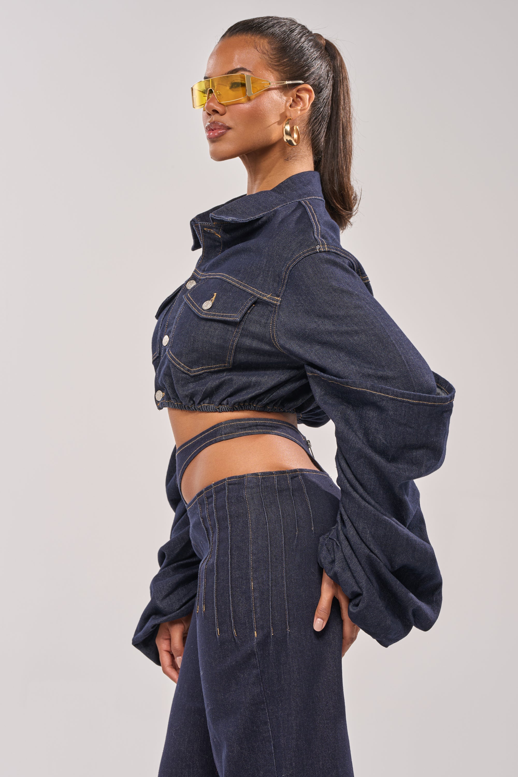 STACKED SLEEVE CROPPED DENIM JACKET