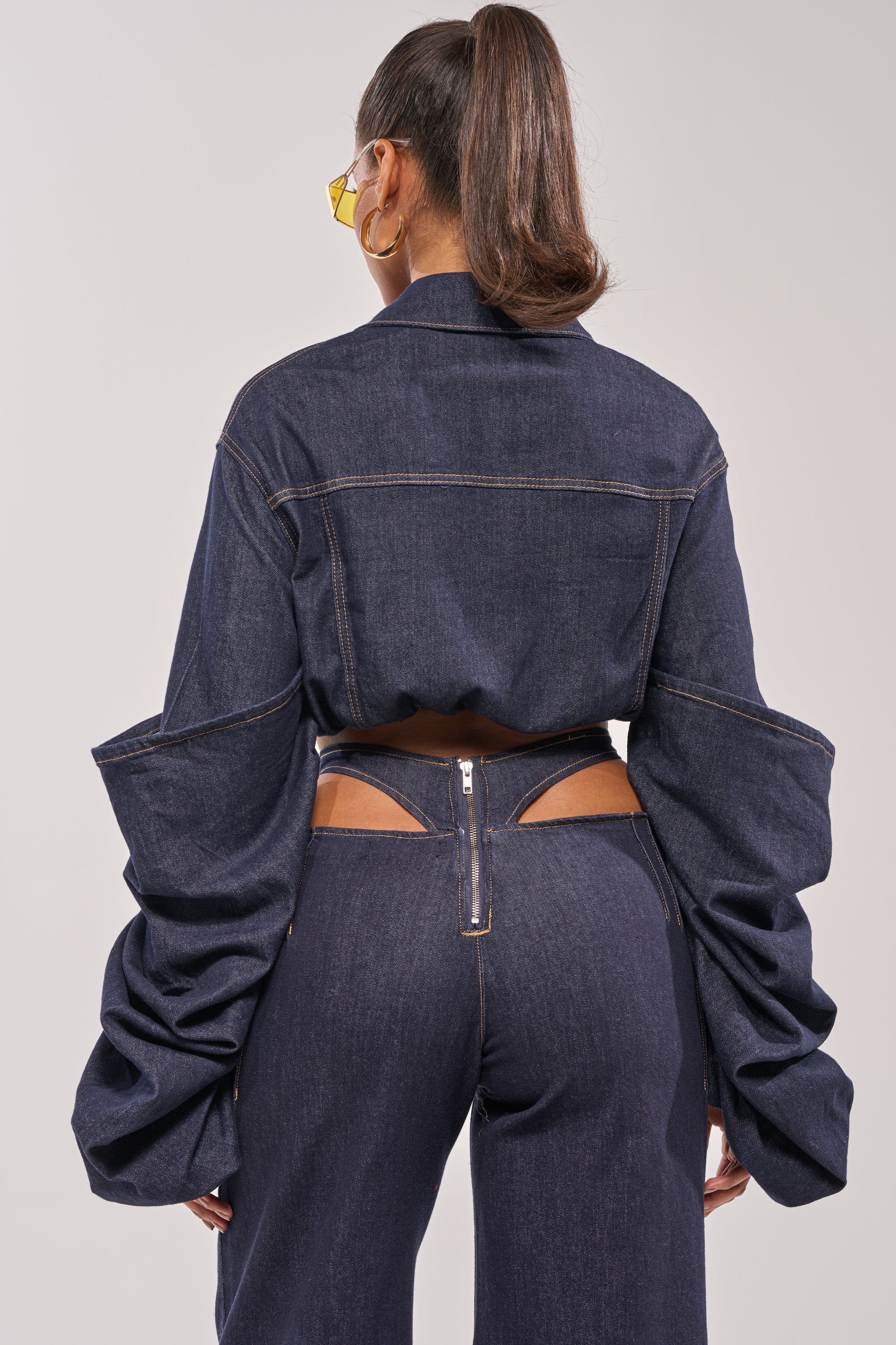 STACKED SLEEVE CROPPED DENIM JACKET