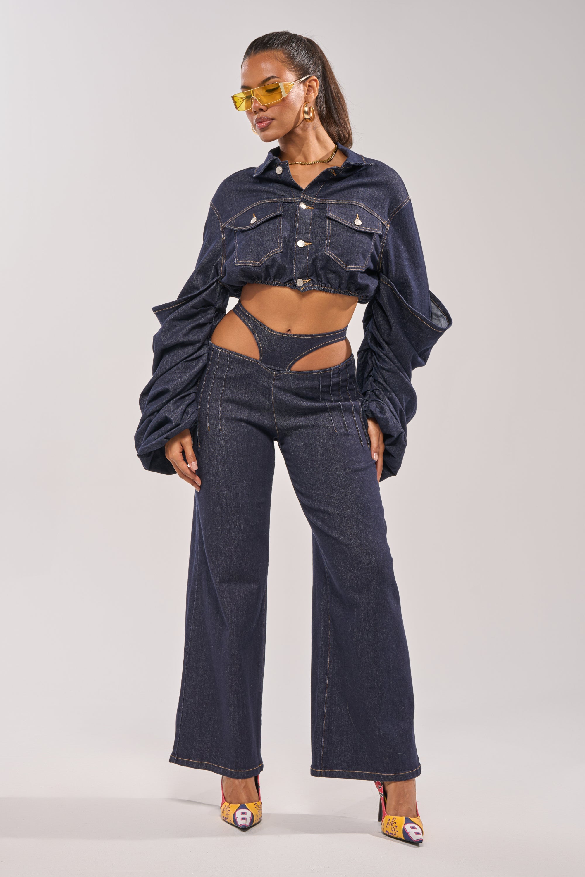 STACKED SLEEVE CROPPED DENIM JACKET