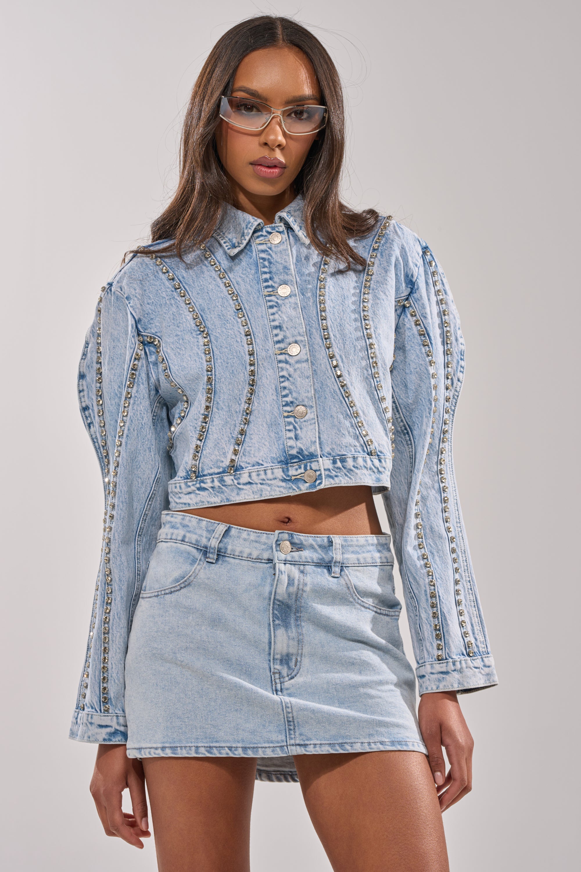EXTRA EXTRA EMBELLISHED DENIM JACKET IN LIGHT BLUE