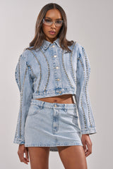 EXTRA EXTRA EMBELLISHED DENIM JACKET IN LIGHT BLUE