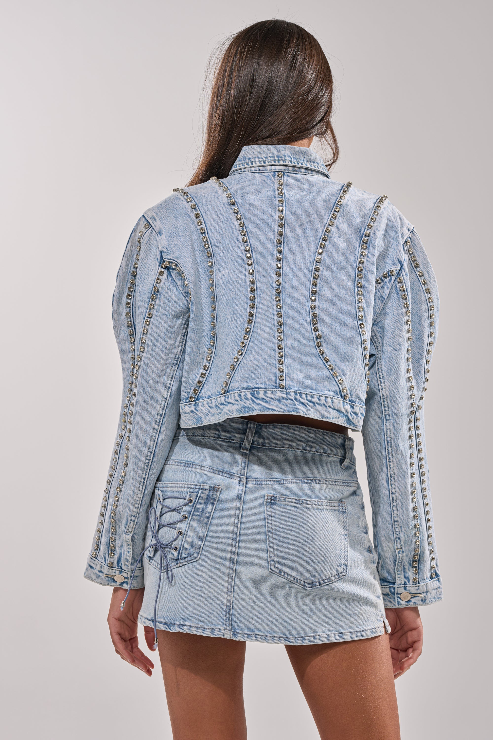 EXTRA EXTRA EMBELLISHED DENIM JACKET IN LIGHT BLUE