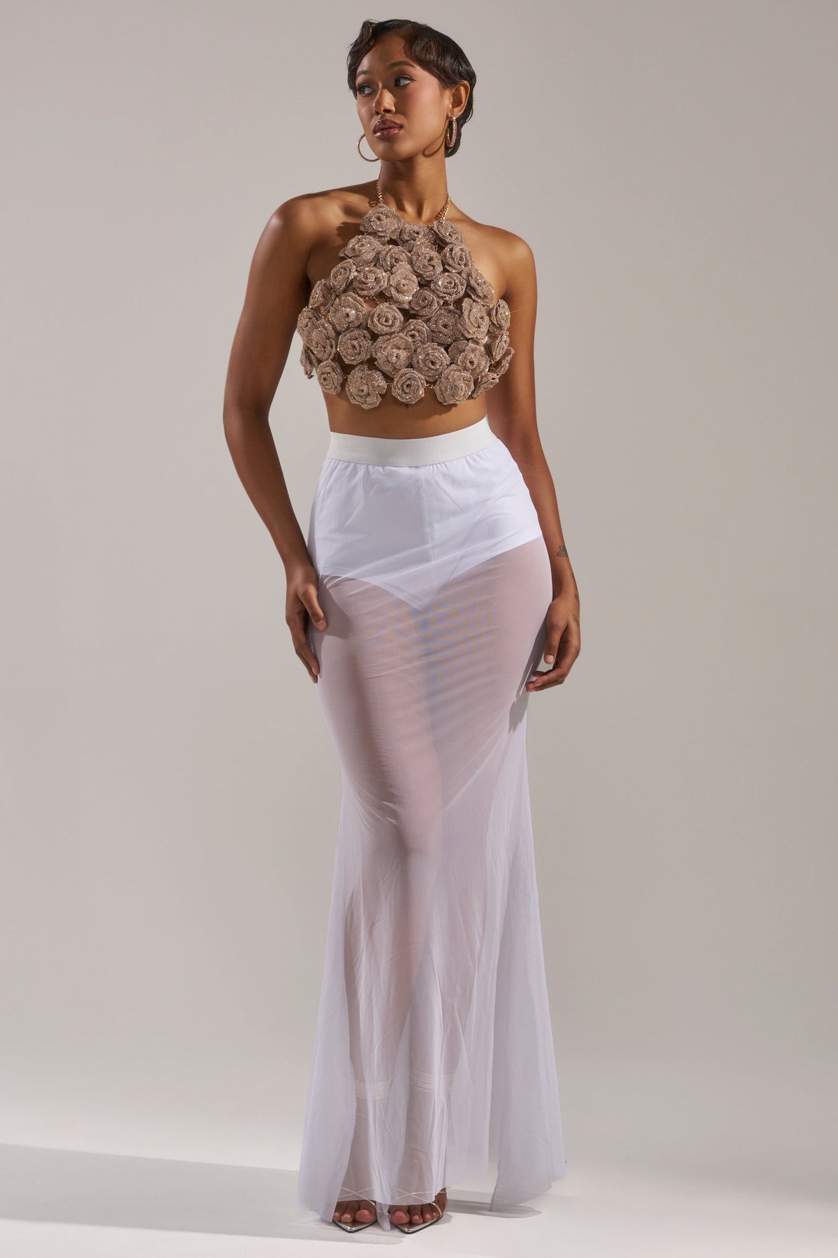 DANCING QUEEN MESH MAXI SKIRT IN WHITE