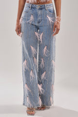 SHAKE IT FOR ME GIRL PINK FEATHER EMBELLISHED DENIM