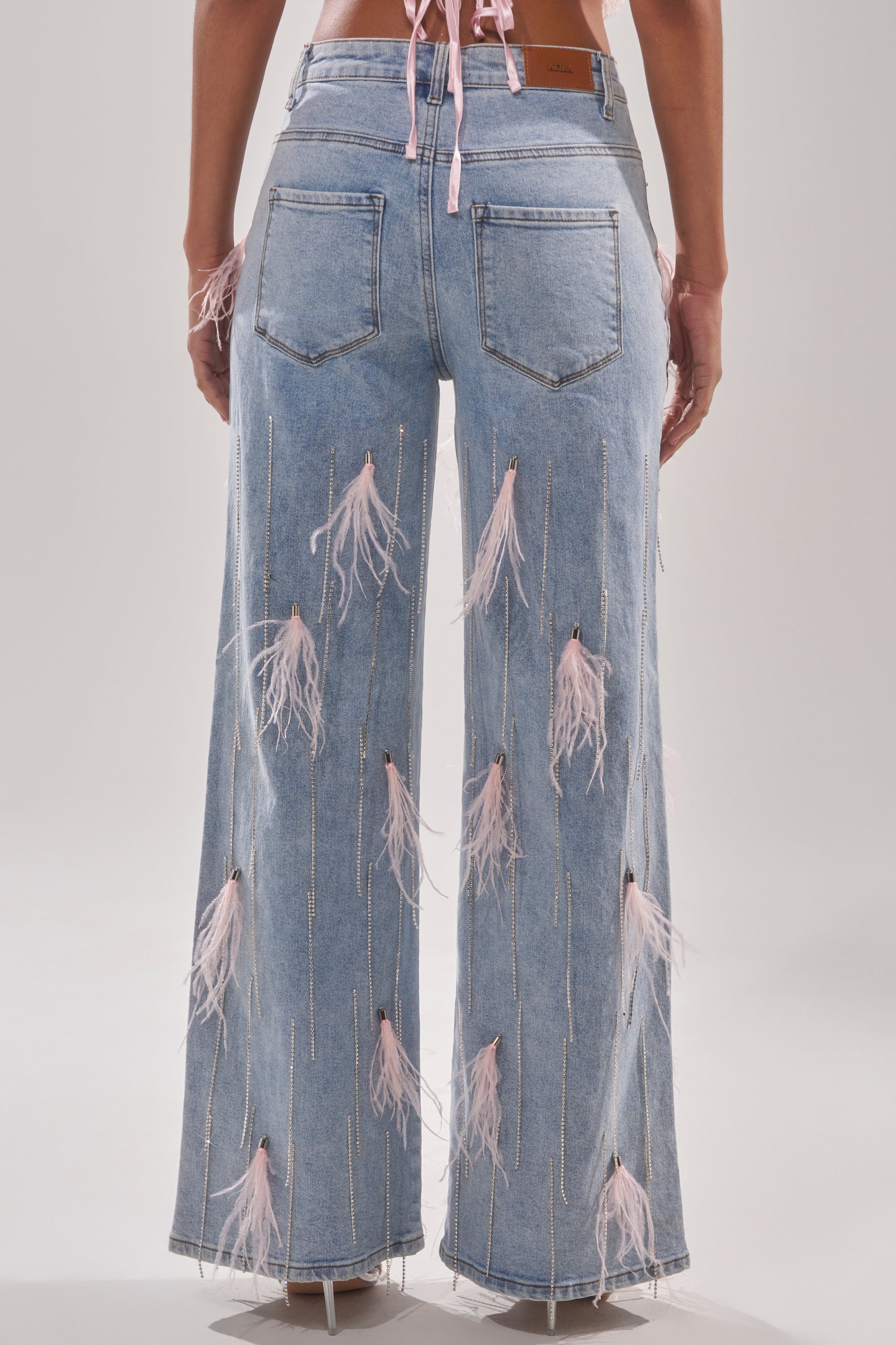 SHAKE IT FOR ME GIRL PINK FEATHER EMBELLISHED DENIM