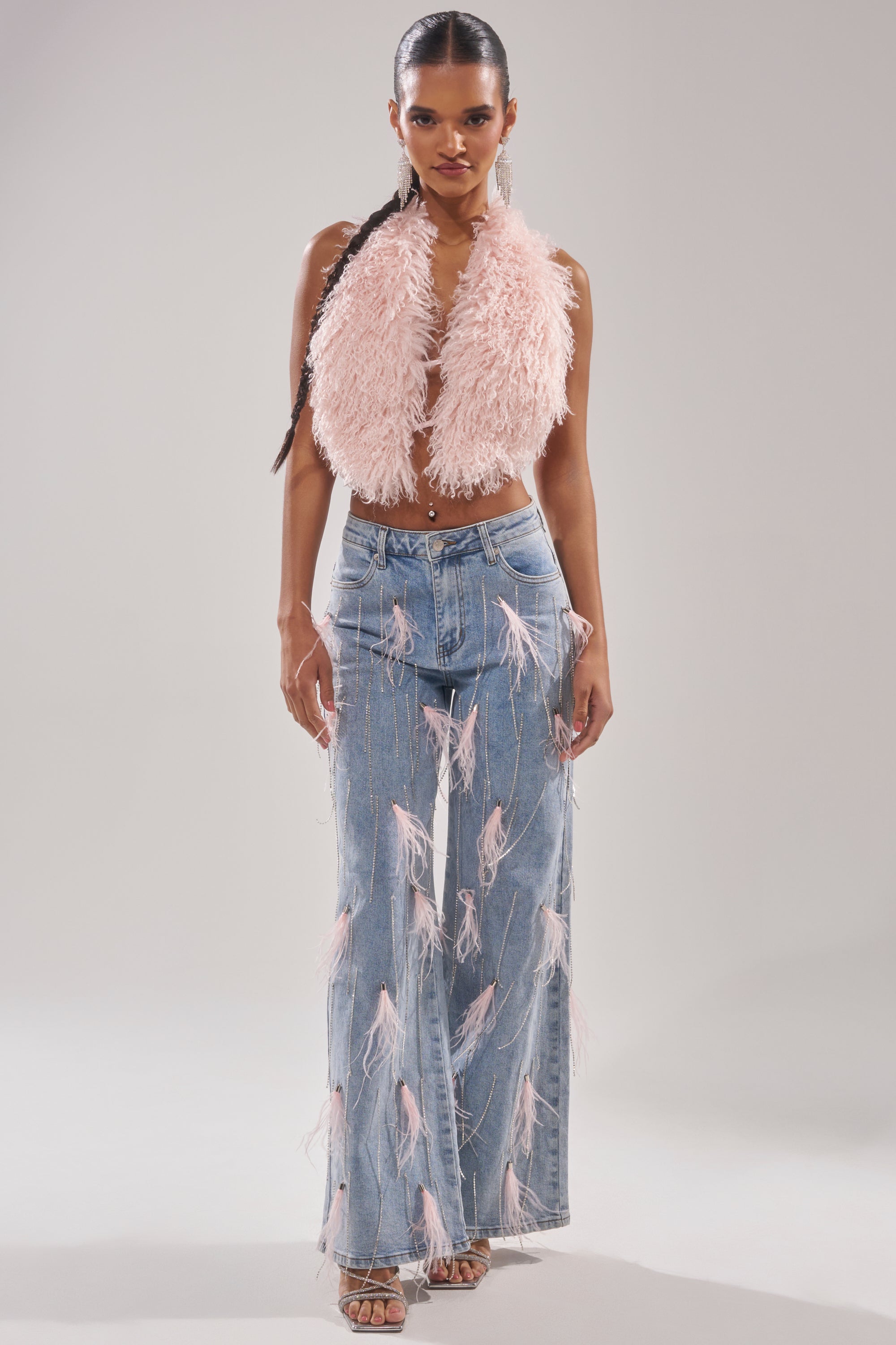 SHAKE IT FOR ME GIRL PINK FEATHER EMBELLISHED DENIM