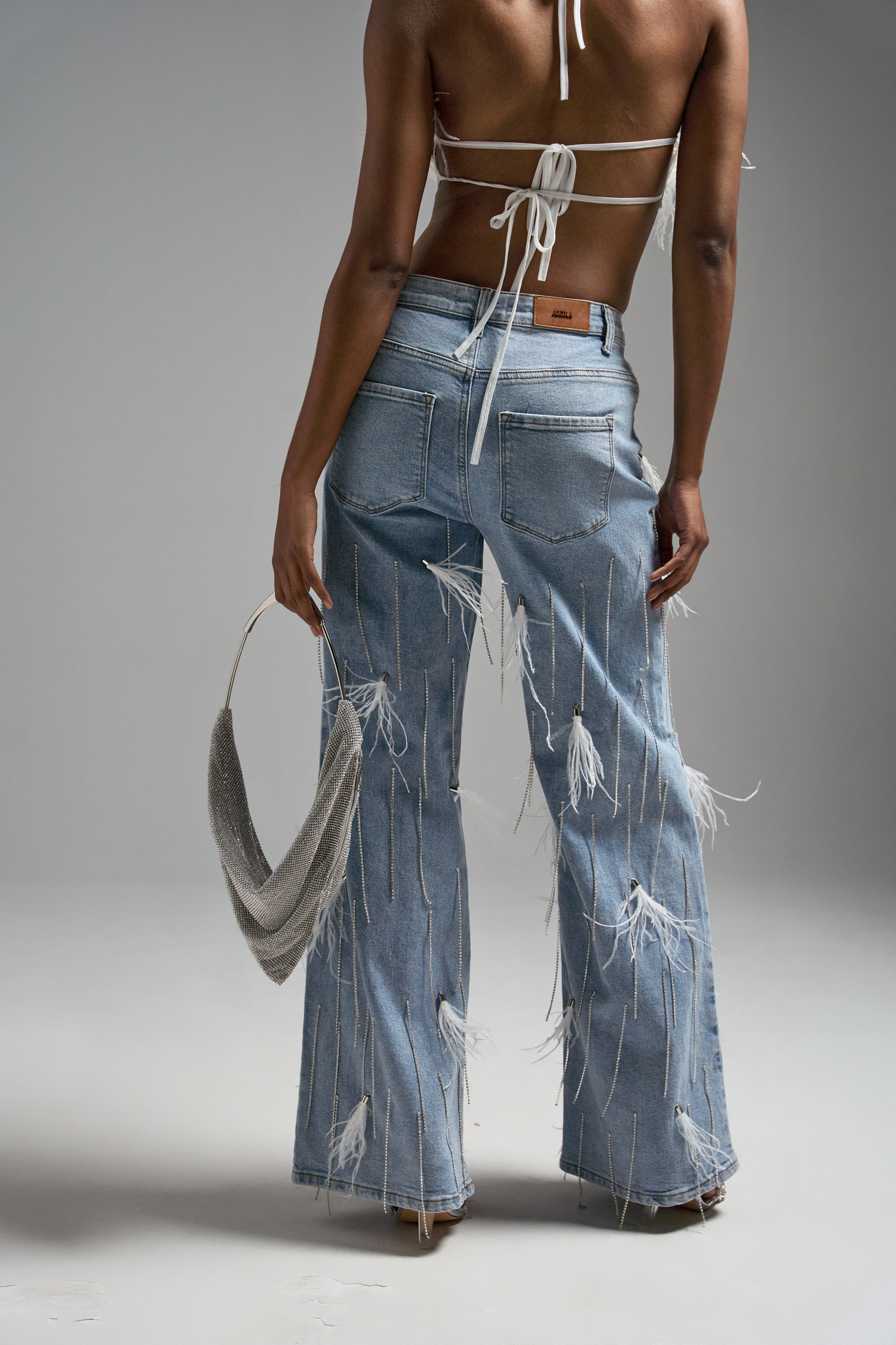 SHAKE IT FOR ME GIRL WHITE FEATHER EMBELLISHED DENIM
