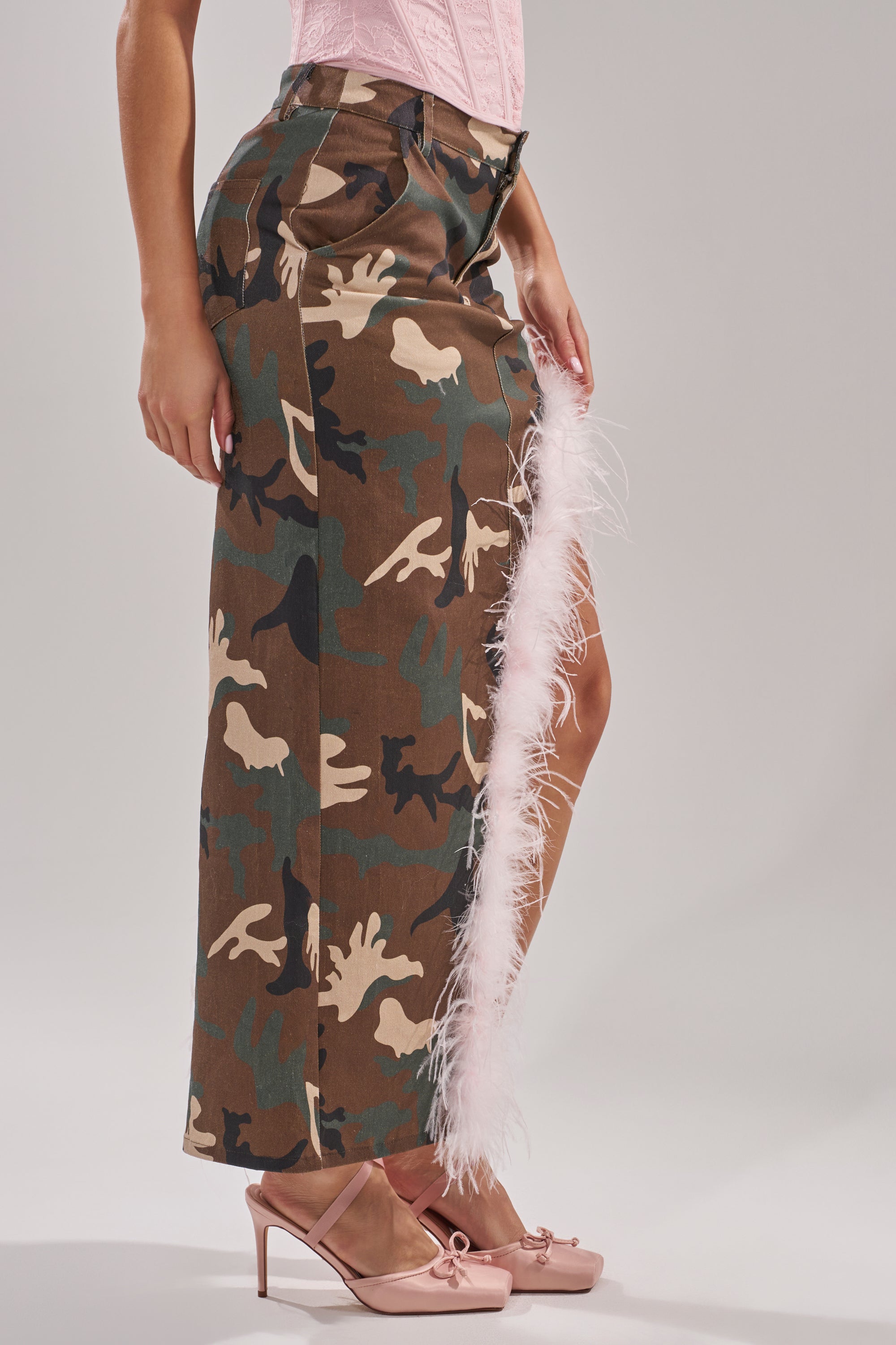 TRYING SOMETHING NEW CAMO SKIRT WITH FEATHERS