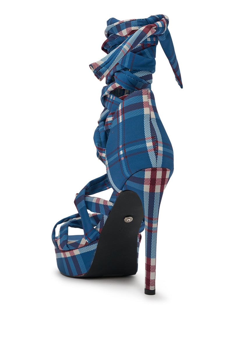 AZALEA WANG JEMISHA BLUE PLAID PRINT PLATFORM STRAPPY SANDAL