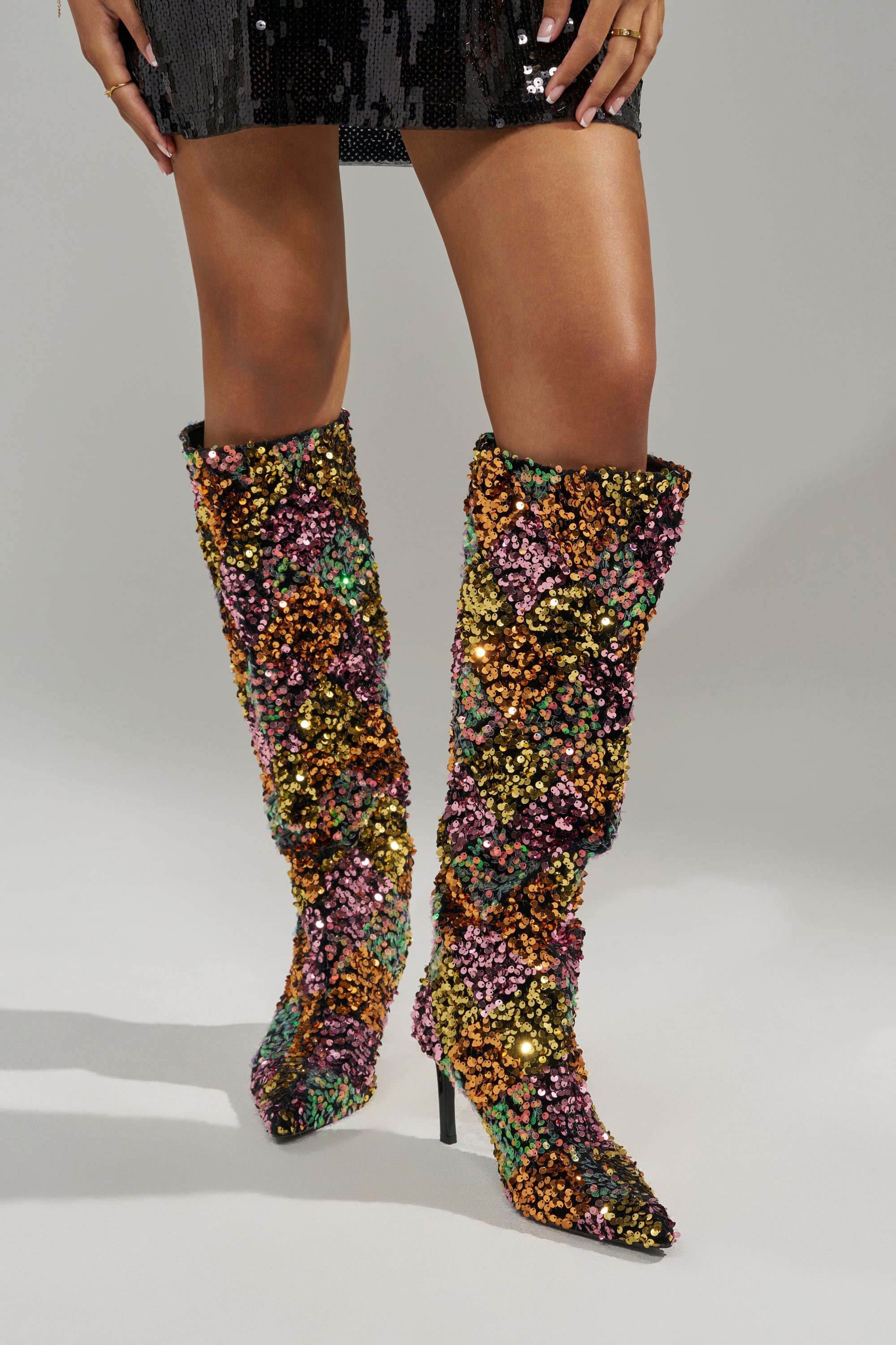 AZALEA WANG JIMENA MULTI GOLD SEQUIN KNEE HIGH STILETTO BOOT