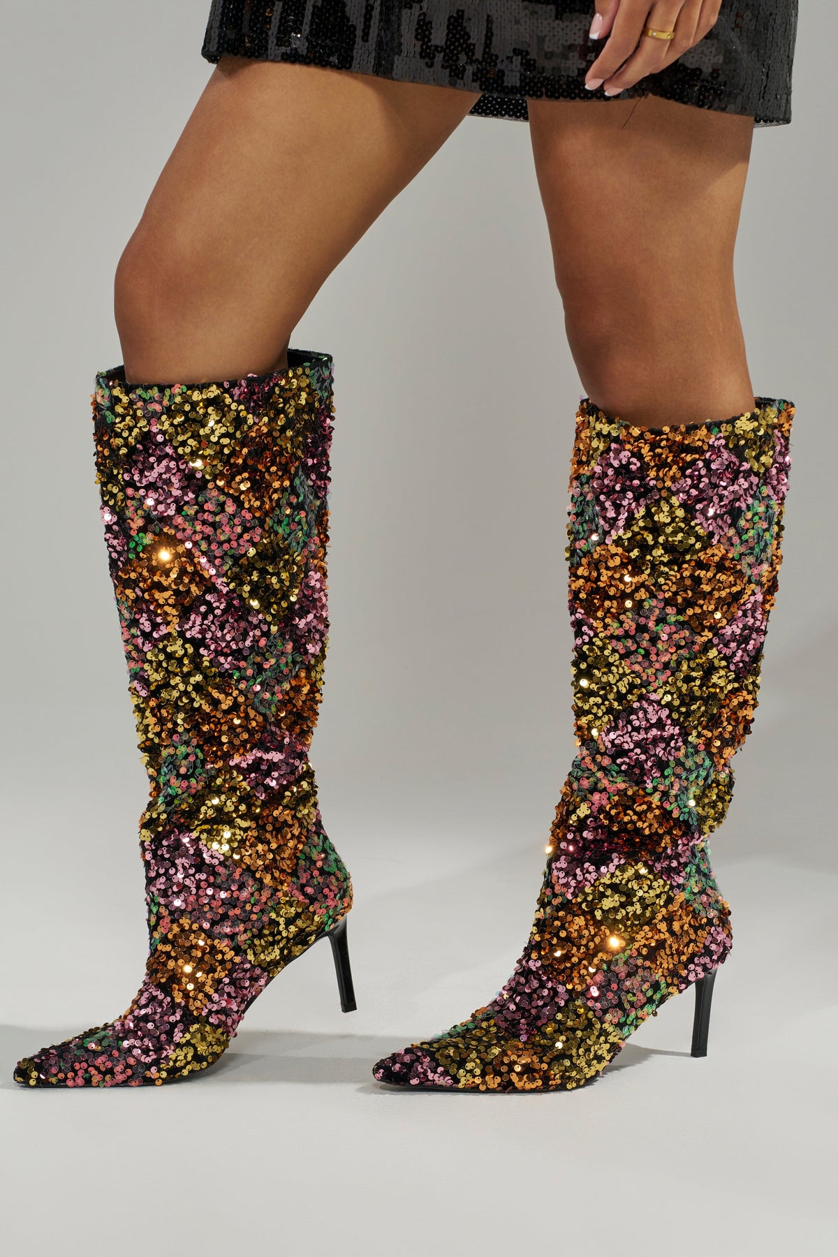 AZALEA WANG JIMENA MULTI GOLD SEQUIN KNEE HIGH STILETTO BOOT