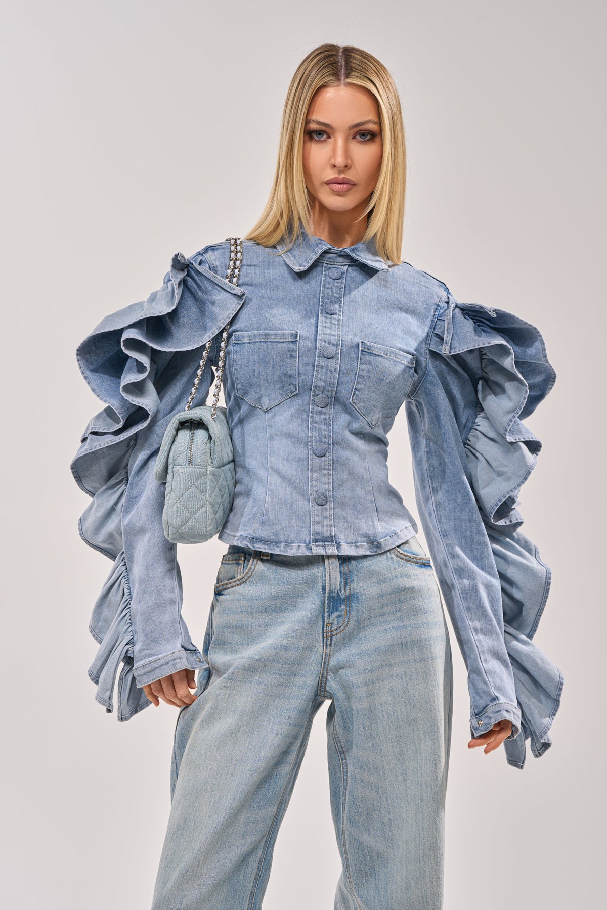 DREA RUFFLE SLEEVE DENIM BUTTON DOWN