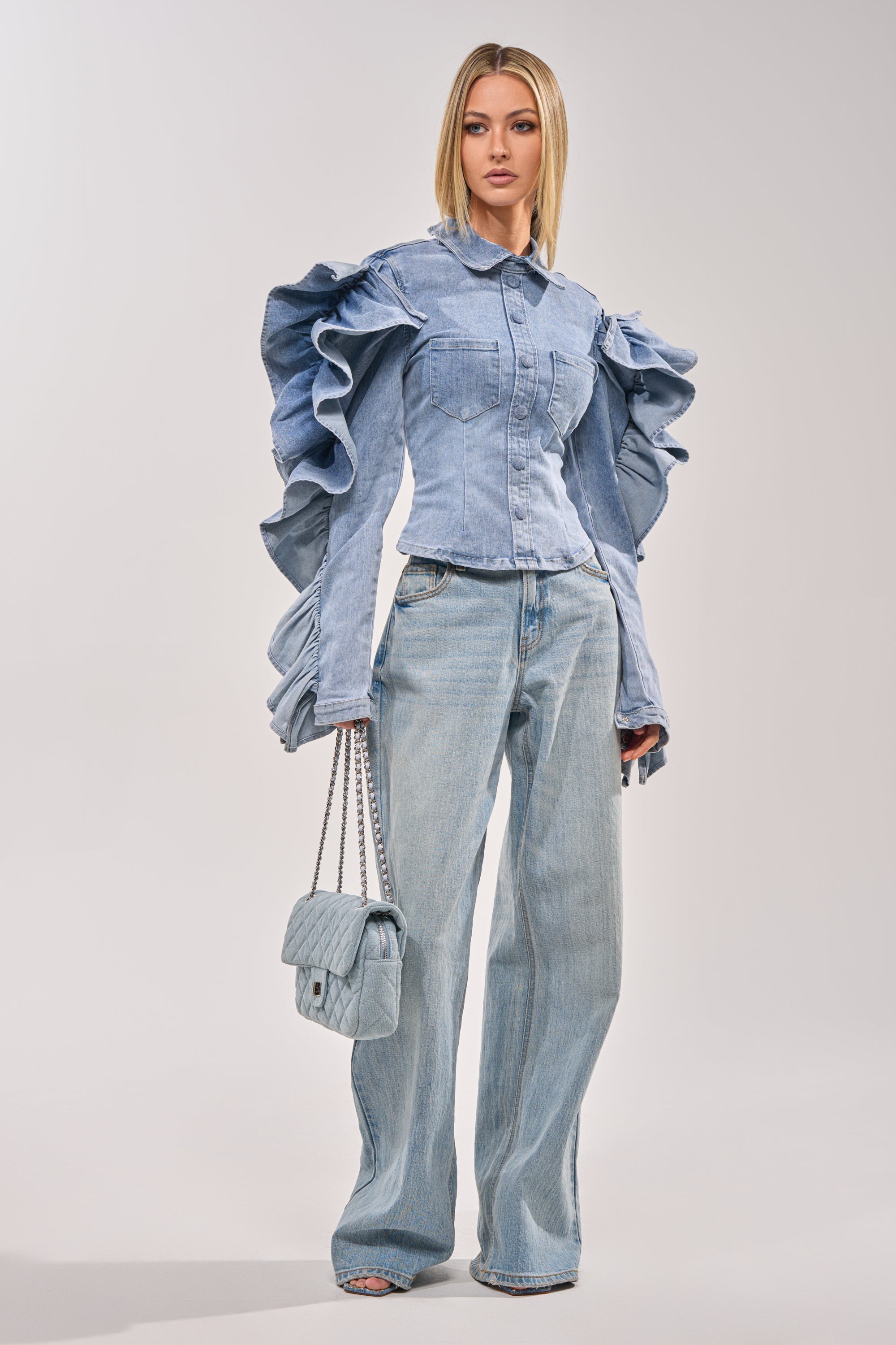 DREA RUFFLE SLEEVE DENIM BUTTON DOWN