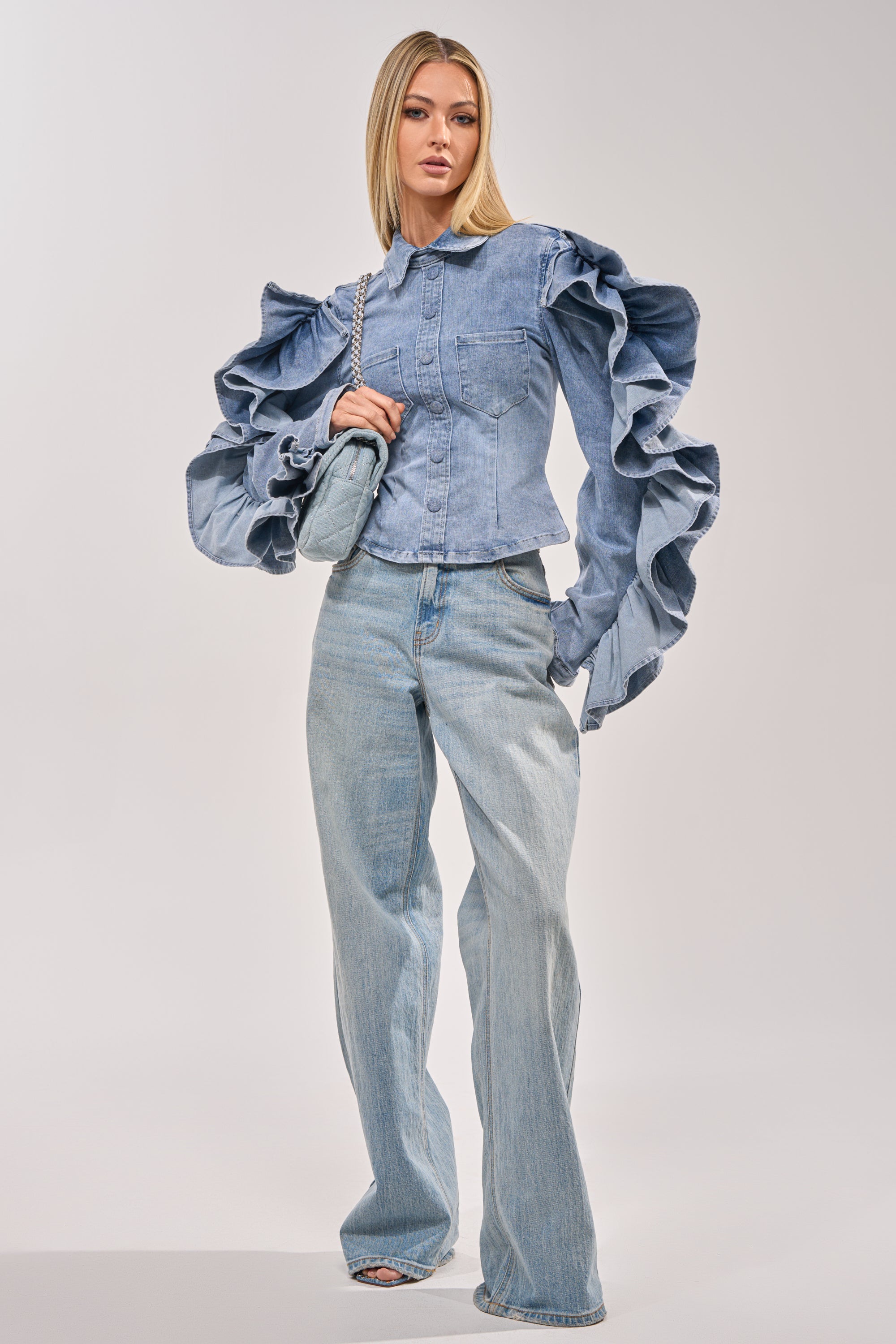 DREA RUFFLE SLEEVE DENIM BUTTON DOWN