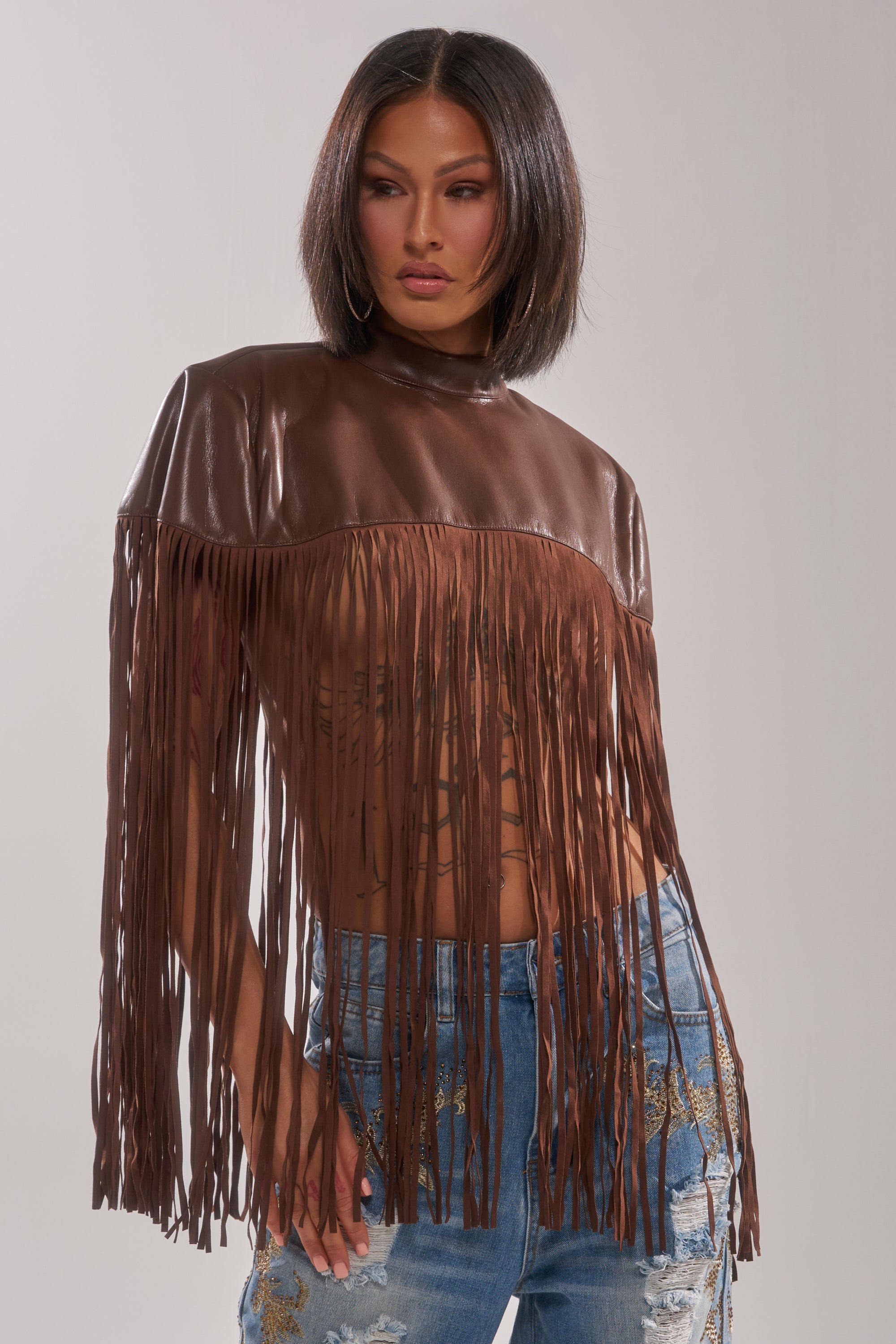 FRINGE FOR DAYS FAUX LEATHER TOP