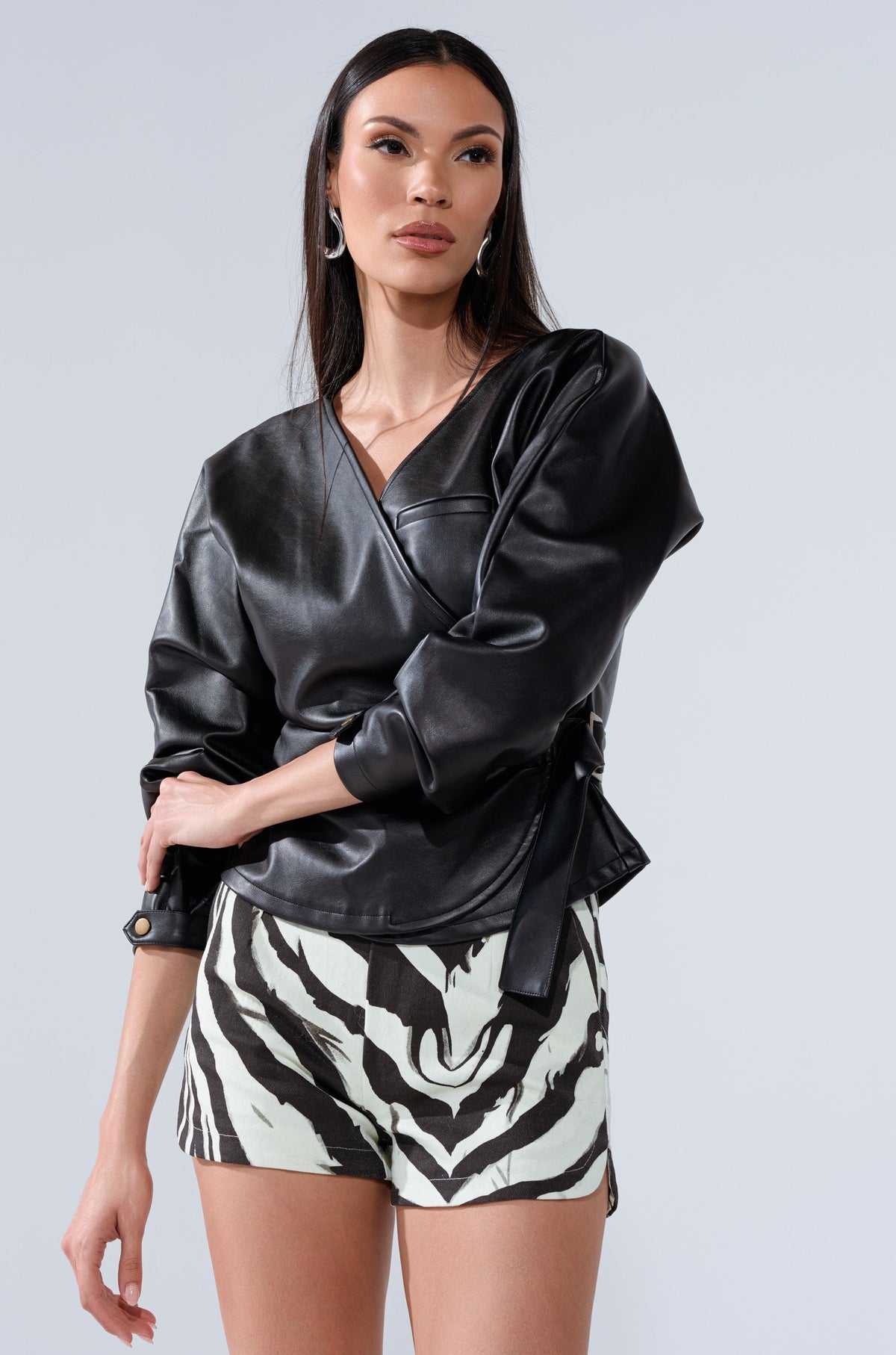 EASY ENOUGH FAUX LEATHER TIE FRONT BLOUSE