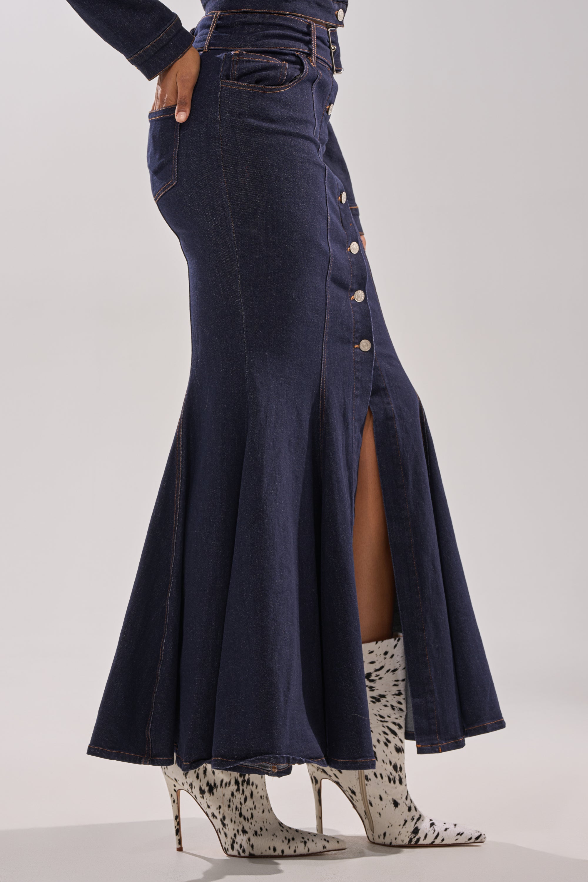 YOU GOT ME SPINNING DENIM MAXI SKIRT