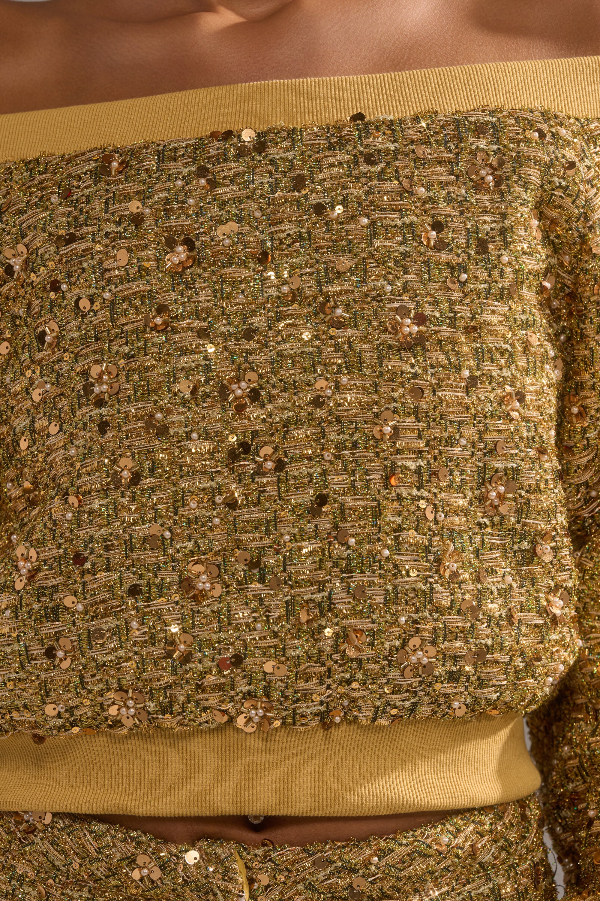PRETTY IN GOLD OFF THE SHOULDER SWEATSHIRT